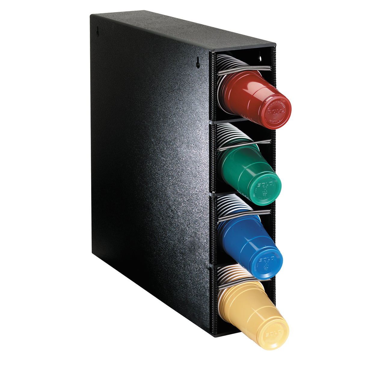A black Cup Dispensing Cabinet holds four horizontal stacks of plastic cups in red, green, blue, and yellow, arranged from top to bottom. Each stack is neatly organized and partially visible from the dispenser’s open front.
