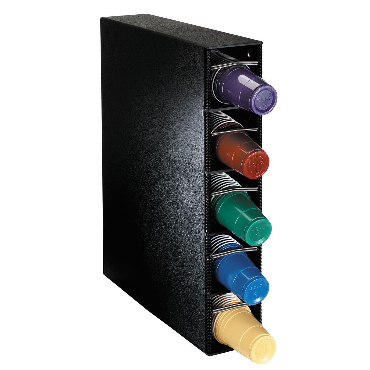A black filing box, like an adjustable cup dispenser, holds six markers or pens stacked horizontally in individual slots, each a different color—purple, red, green, blue, orange, and yellow—with their caps facing outward.