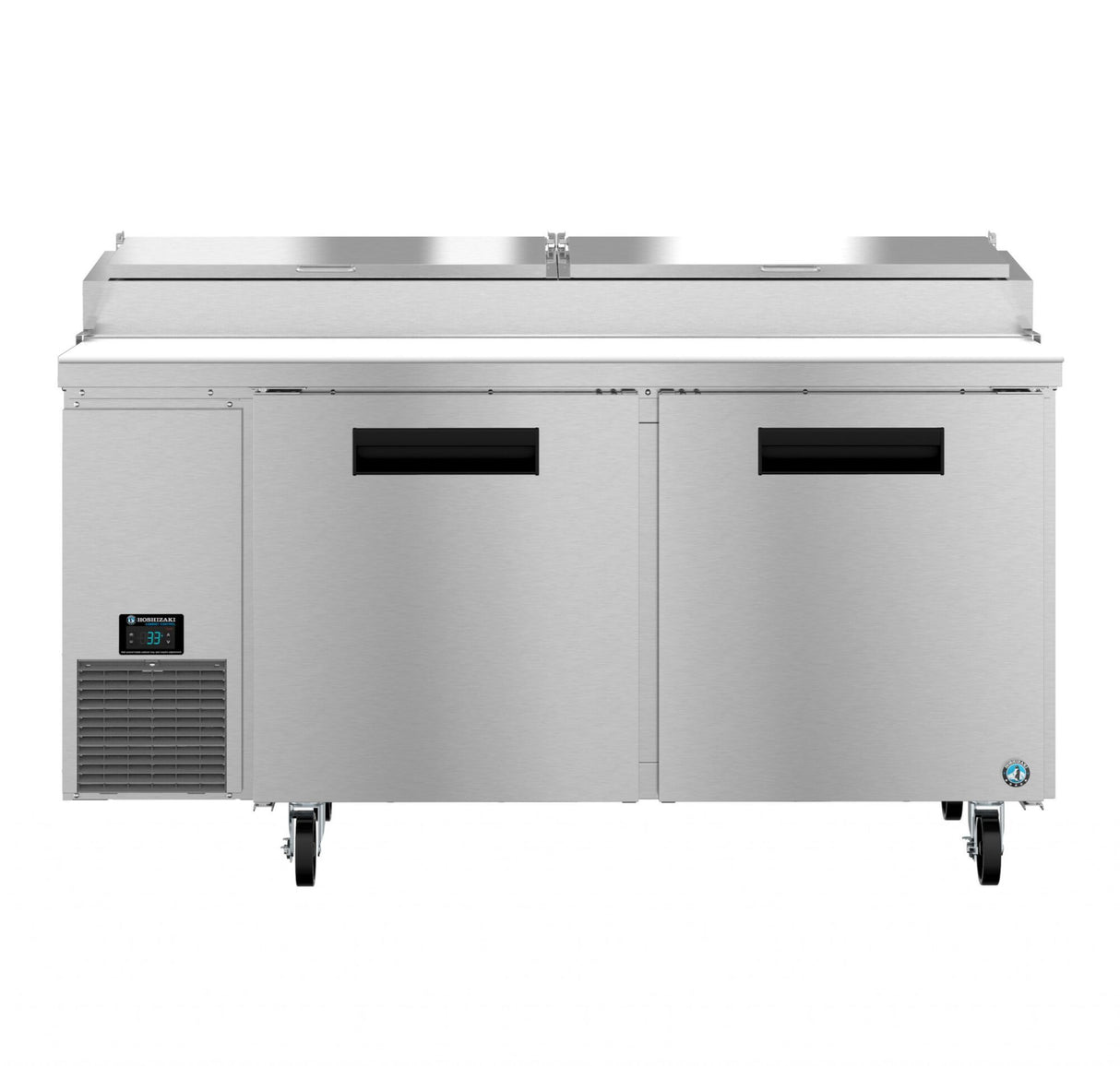 A large, stainless steel Hoshizaki Steelheart Series commercial refrigerator with two doors, black handles, vents on the bottom left, control panel displaying 33°F, and four caster wheels. The top features a raised section like a pizza prep table with a hinged metal cover.