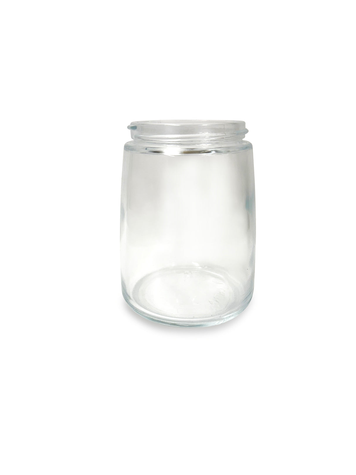A clear, empty glass sugar jar with a wide opening and no lid, shown against a plain white background. The cylindrical Vollrath 930J features smooth sides, a thick base, and casts a faint shadow below it.
