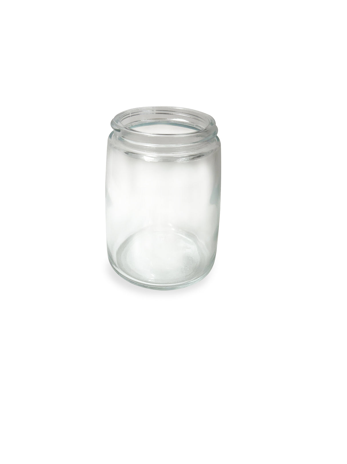 A clear, empty Vollrath 930J glass sugar jar with a wide mouth and no lid is centered on a white background. The jar is cylindrical with smooth sides and a slightly rounded base.