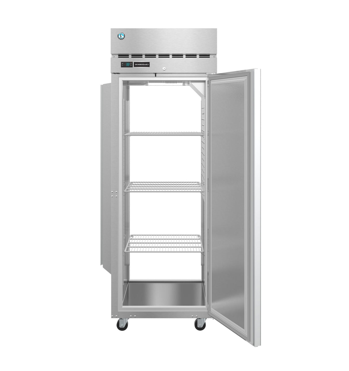 A commercial refrigerator stands on four wheels with its single door open. Inside, three adjustable metal wire shelves and a flat bottom shelf provide storage. The top section features a digital control panel and vent slots for efficient cooling.