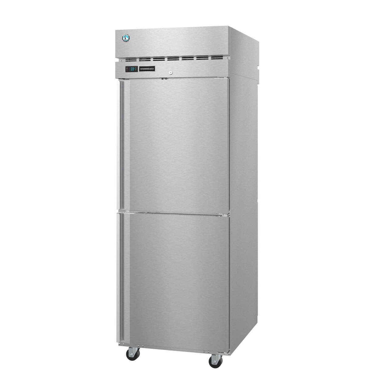 A tall, stainless steel refrigerator from the Steelheart Series with two doors, a digital temperature display, and air vents at the top. It stands on four small caster wheels for mobility, featuring a clean, industrial design.