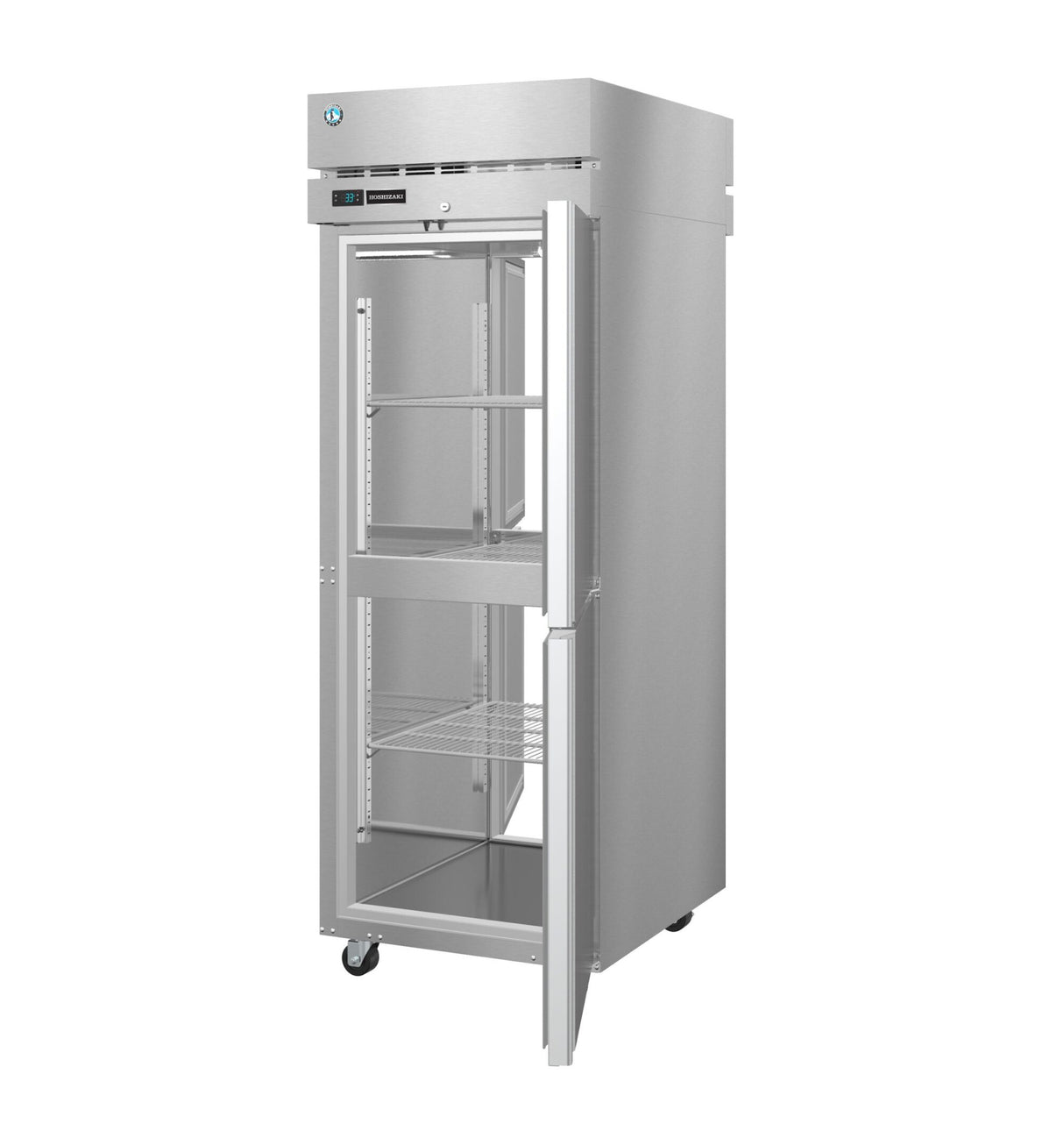 A tall, stainless steel Steelheart Series Refrigerator with a single glass door is open, revealing several empty wire shelves inside. The fridge stands on caster wheels for mobility and features a control panel above the door. Clean and modern in appearance.