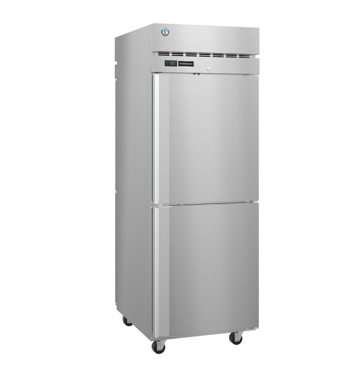 A tall Steelheart Series Refrigerator with two doors, digital display, ventilation slots at the top, and four caster wheels offers sleek, functional design—ideal for restaurant or industrial kitchen use.