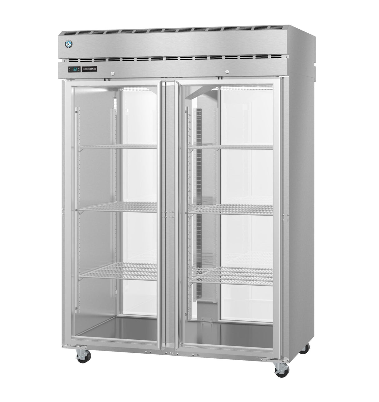 A Steelheart Series commercial glass door refrigerator with two tall, clear doors and metal handles. It features adjustable wire shelves, caster wheels, and a digital control panel with vent above the doors—ideal as a pass-thru refrigerator.