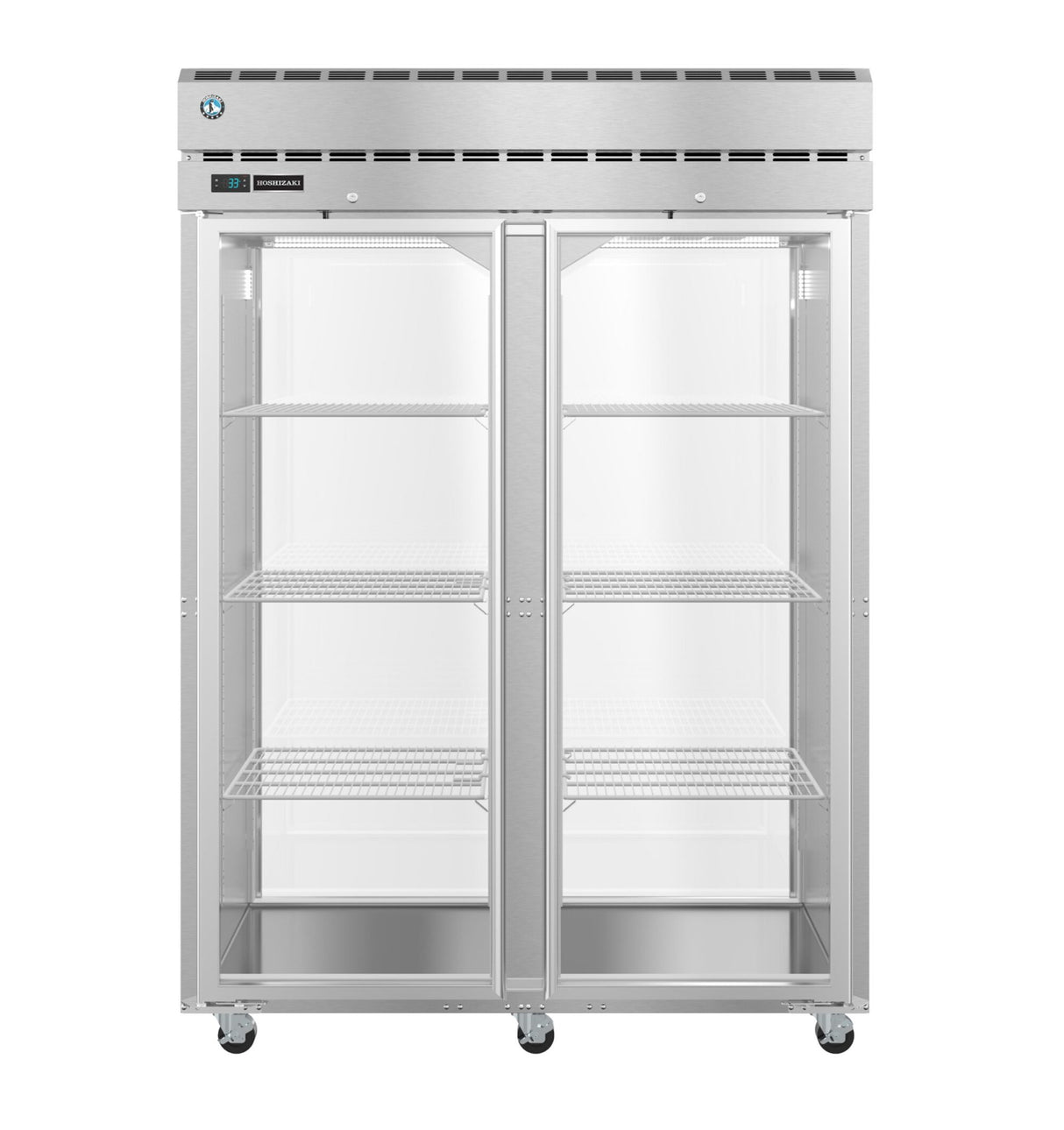 A Steelheart Series commercial glass door refrigerator with two tall transparent doors, five metal wire shelves, and wheels for easy mobility. Features a vent panel at the top and a digital display on the upper left.