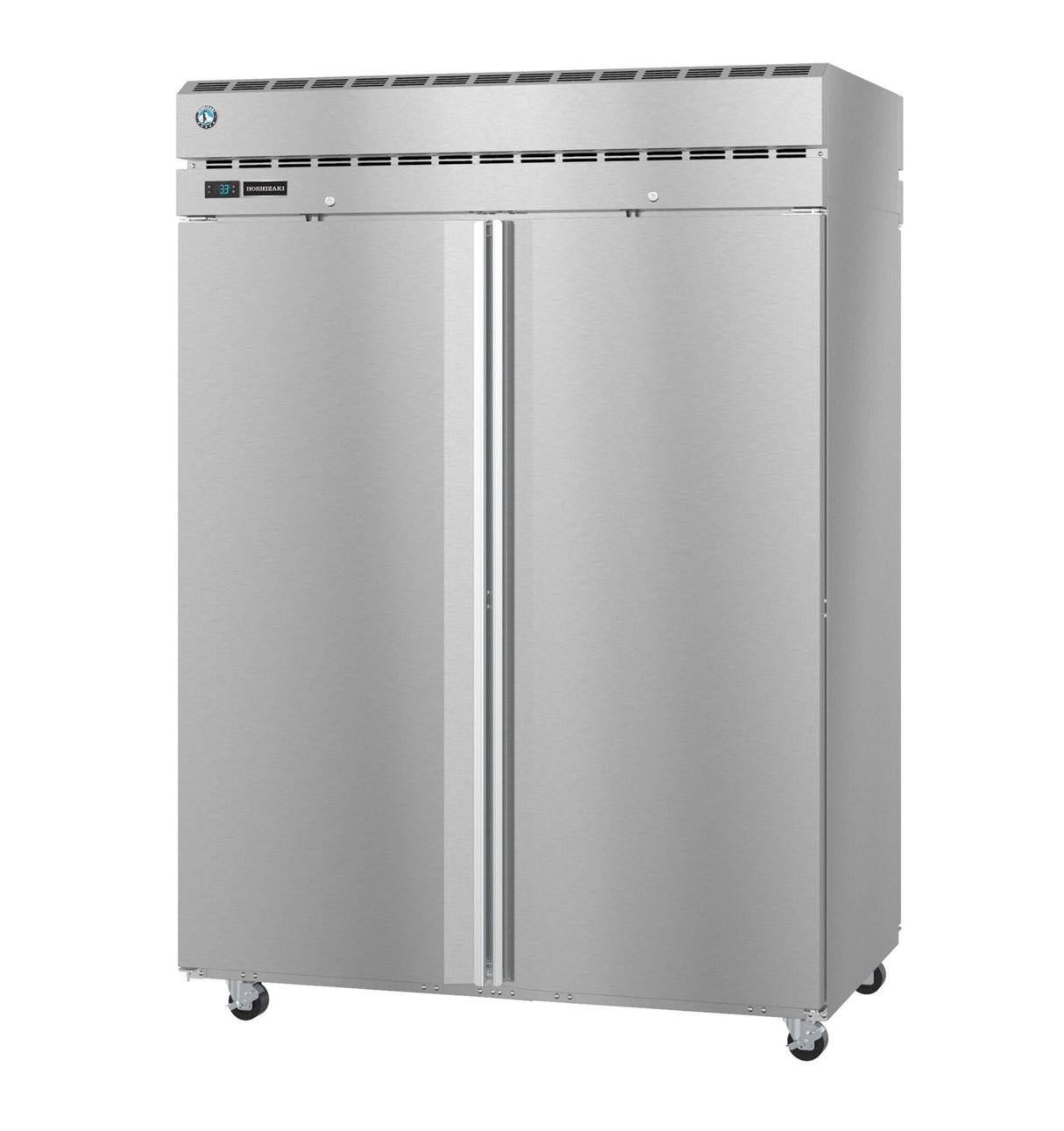 A large, commercial Steelheart Series Refrigerator features double doors, a vented top, digital display, and four wheels for mobility. The smooth, reflective stainless steel refrigerator surface gives the unit a new and clean appearance.