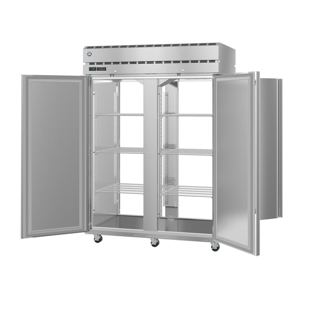 A large, stainless steel Steelheart Series Refrigerator with double doors open, revealing empty wire shelves inside. The unit is on wheels with a vented top section, perfect as a pass-thru refrigerator for any restaurant or industrial kitchen. Background is plain white.