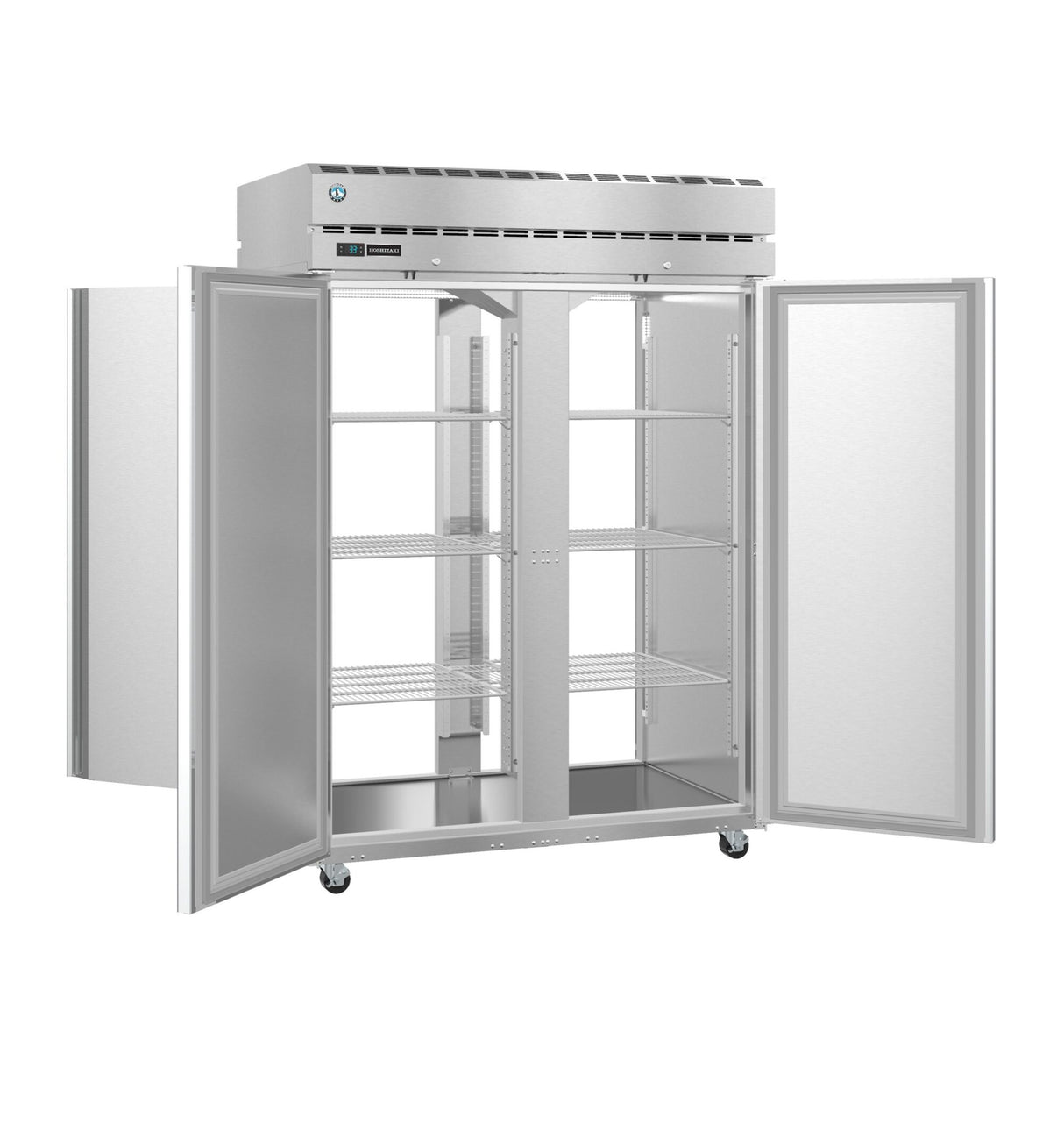 A large Steelheart Series Refrigerator with double doors open reveals multiple adjustable wire shelves. This commercial stainless steel refrigerator is on wheels, featuring a digital temperature control panel and a spotless metallic interior and exterior.