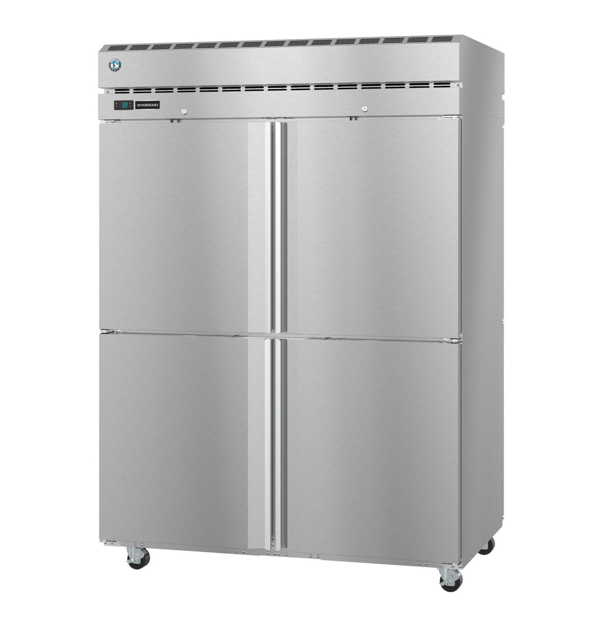 A commercial Hoshizaki refrigerator with four doors, two on top and two on the bottom. It features small wheels for mobility, a digital display panel, and a modern industrial design—ideal for professional kitchens.