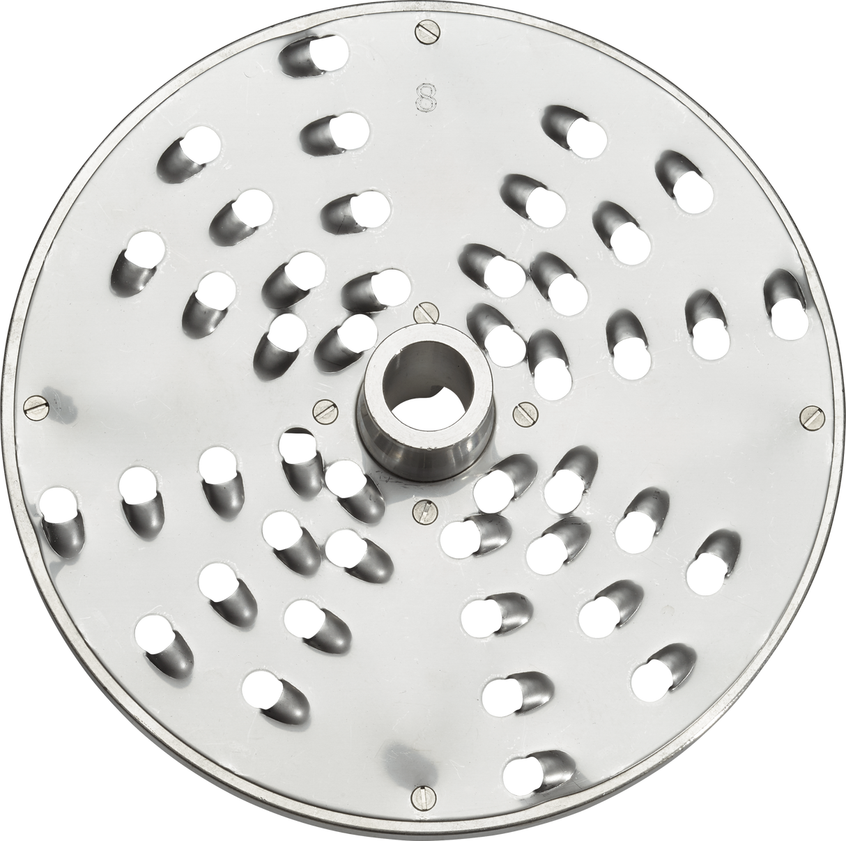 A round, stainless steel food processor slicing blade with a central mounting hole and multiple sharp-edged slots in a circular pattern. Its reflective surface shows light spots, and a number 8 is etched near the top edge.