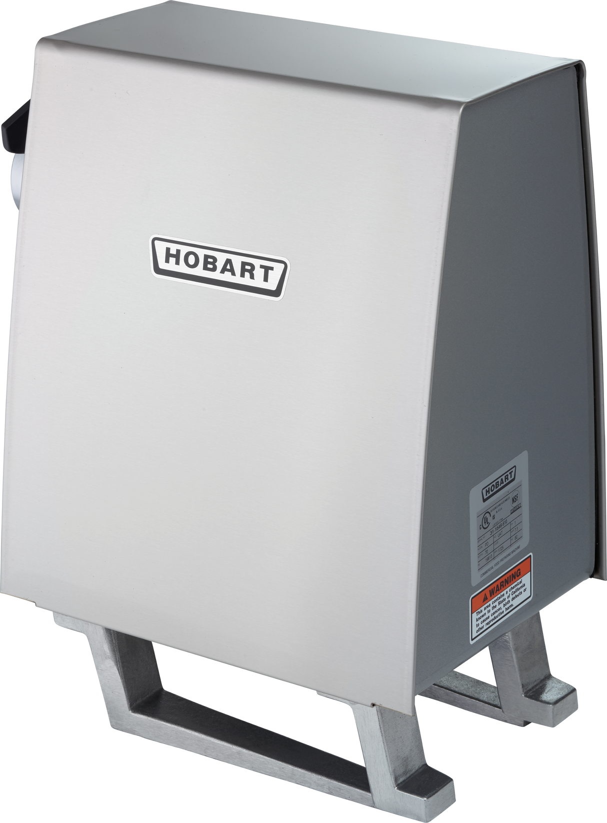 A stainless steel Hobart PD-70 Power Drive Unit, possibly a commercial slicer, with a boxy design, prominent logo on the front, angled top, visible warning label on the side, and sturdy metal legs on a white background.