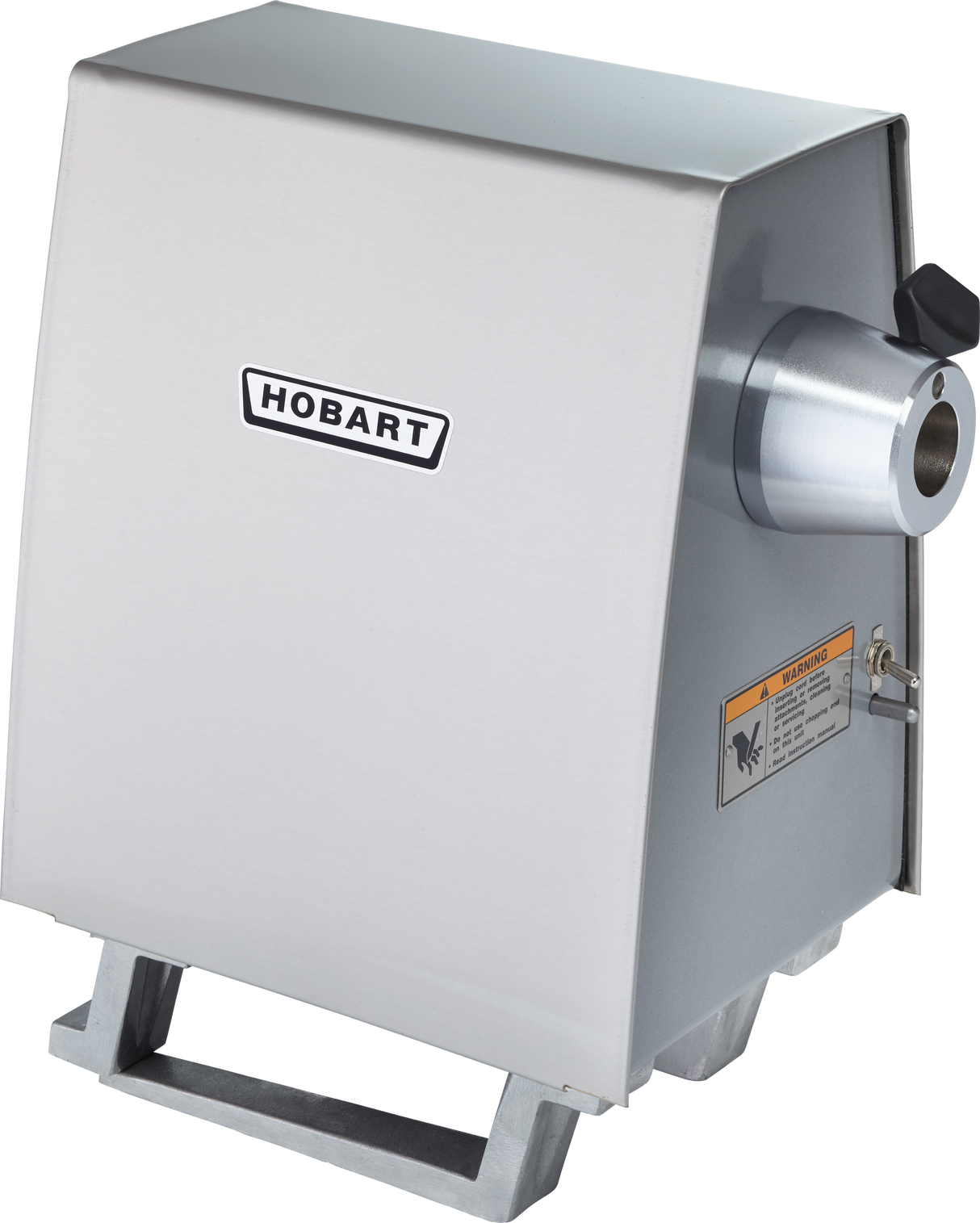 A stainless steel Hobart PD-70 Power Drive Unit food processor features a rectangular shape, slanted front with the Hobart logo, a #12 hub cylindrical attachment, warning label, and sturdy base. The machine has a clean, industrial appearance.