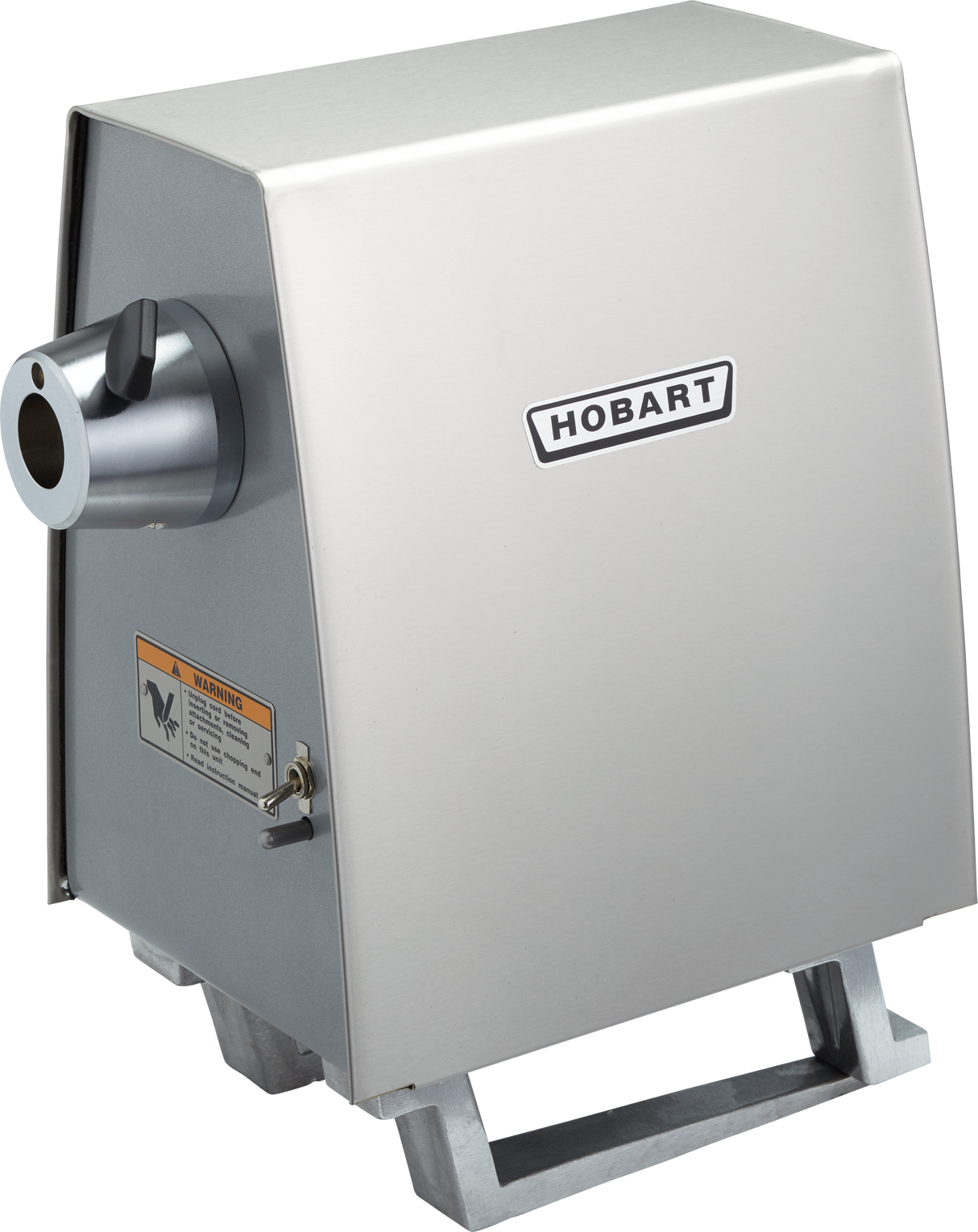 A stainless steel Hobart PD-70 commercial meat grinder with a rectangular body, sturdy base, and #12 hub Power Drive Unit. It features a metal feeding tube on the left and a prominent Hobart logo centered on the front panel, plus a visible warning label.