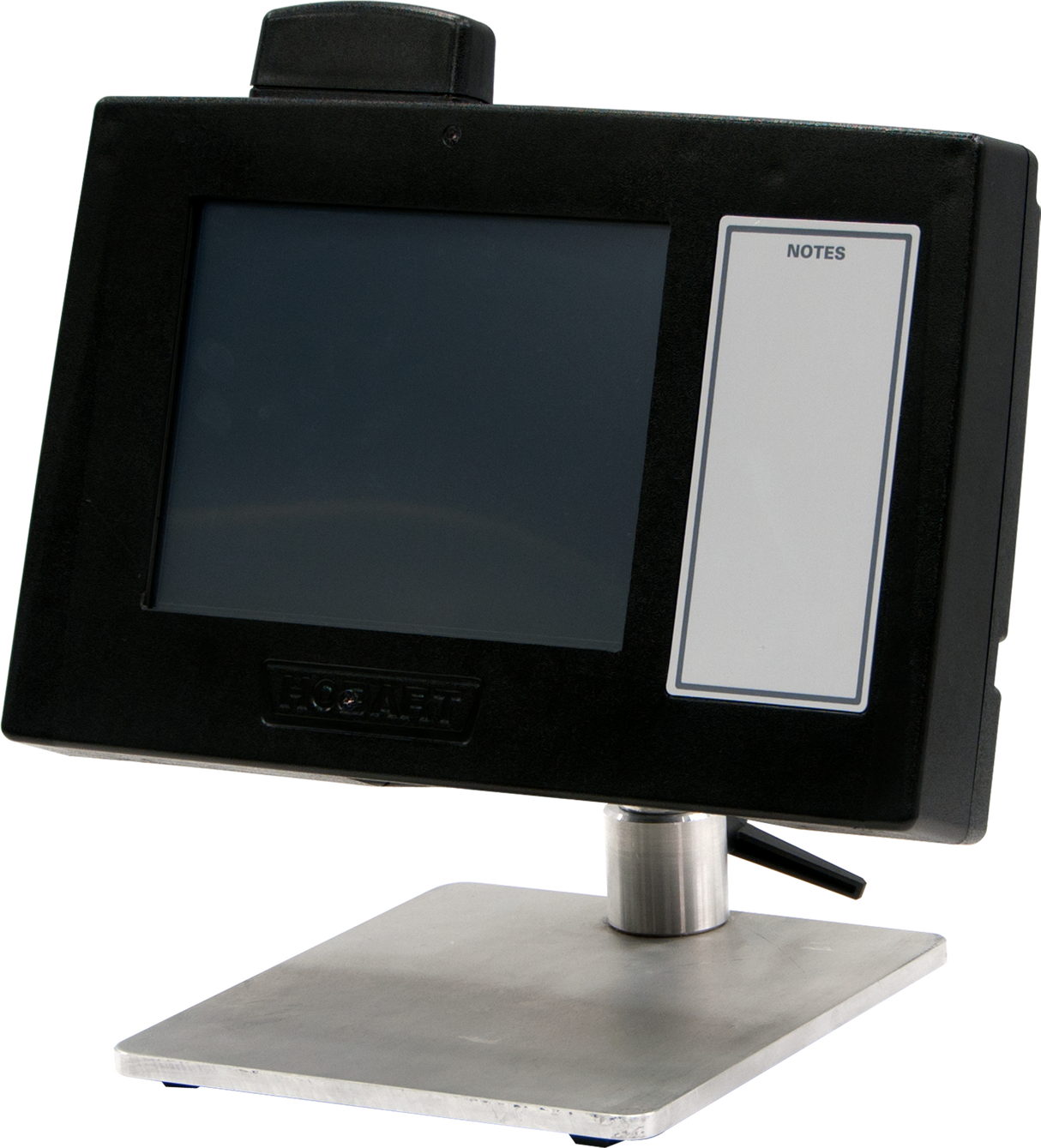 A black color LCD touch-screen display with a blank screen is mounted on a silver metal stand. A slot device sits on top, likely for cards. To the right is a white “NOTES” label, with a cable extending from the Access Prepack Control Panel’s back.