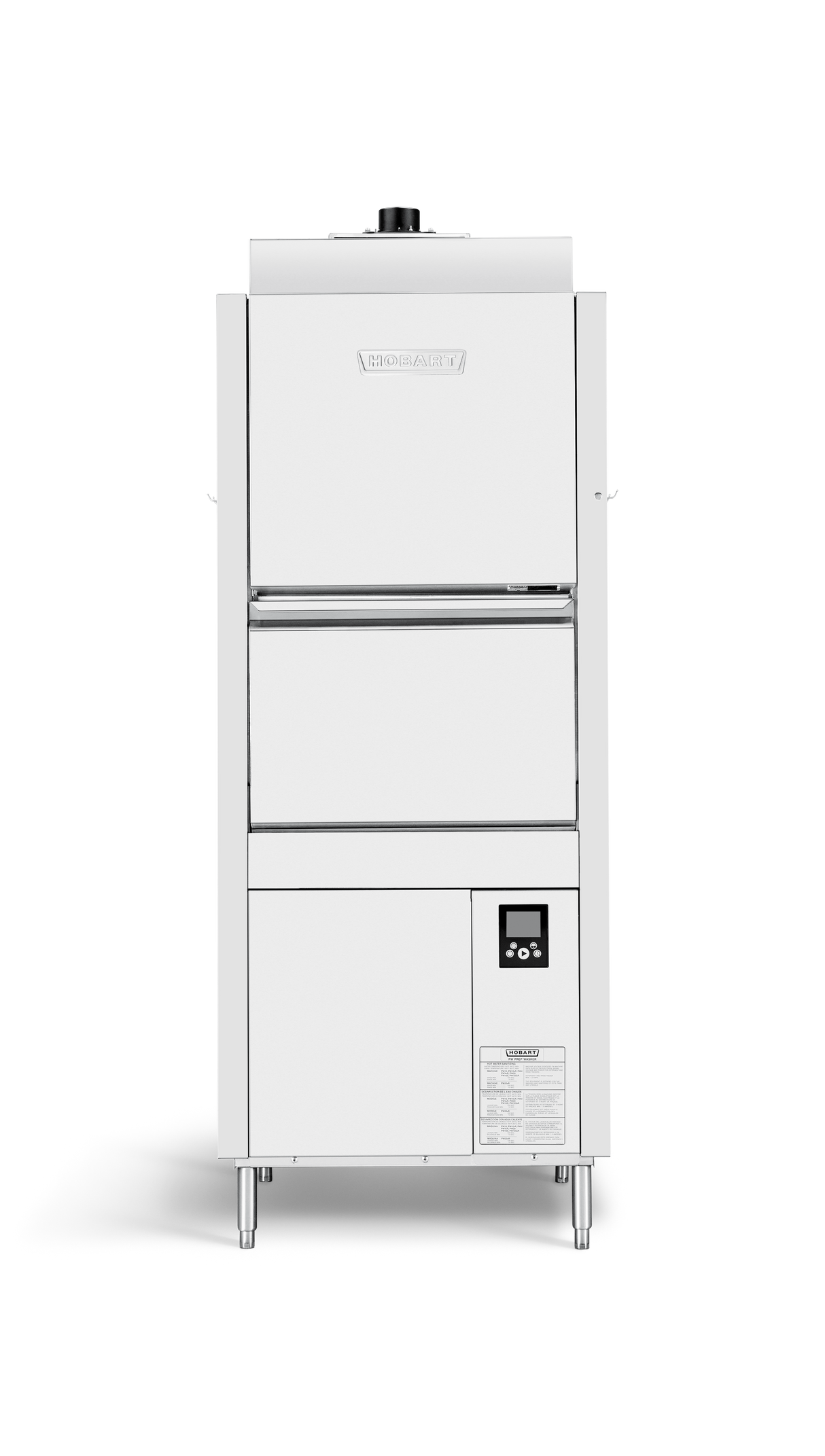 A front-facing Advansys dishwasher with a rectangular stainless steel body, a pull-down handle, control panel with display and buttons at the bottom right, and four metal legs, set against a plain white background.