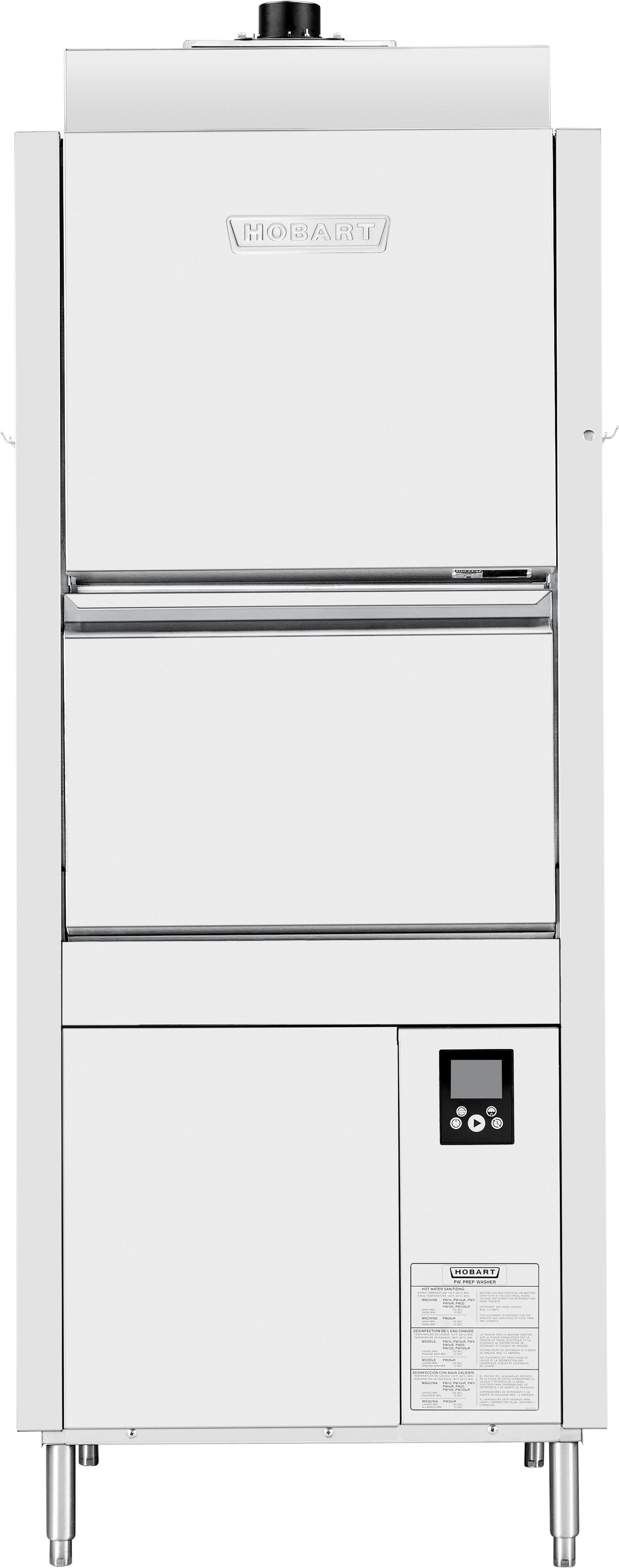 A commercial stainless steel ventless pot/pan/utensil washer with a boxy shape, labeled “Hobart” at the top. It features energy recovery, a lift-up door, digital control panel on the lower right, and delivers high temperature sanitizing.