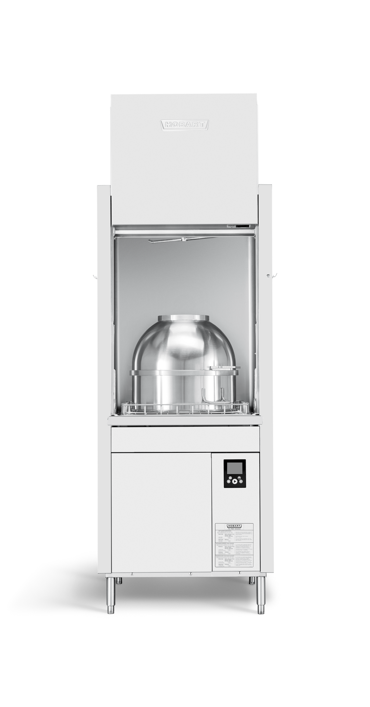A commercial Advansys dishwasher with an open front door reveals a large, round pot inside. The control panel is on the bottom right, featuring a digital display and buttons. This ventless pot washer stands on four legs against a plain white background.