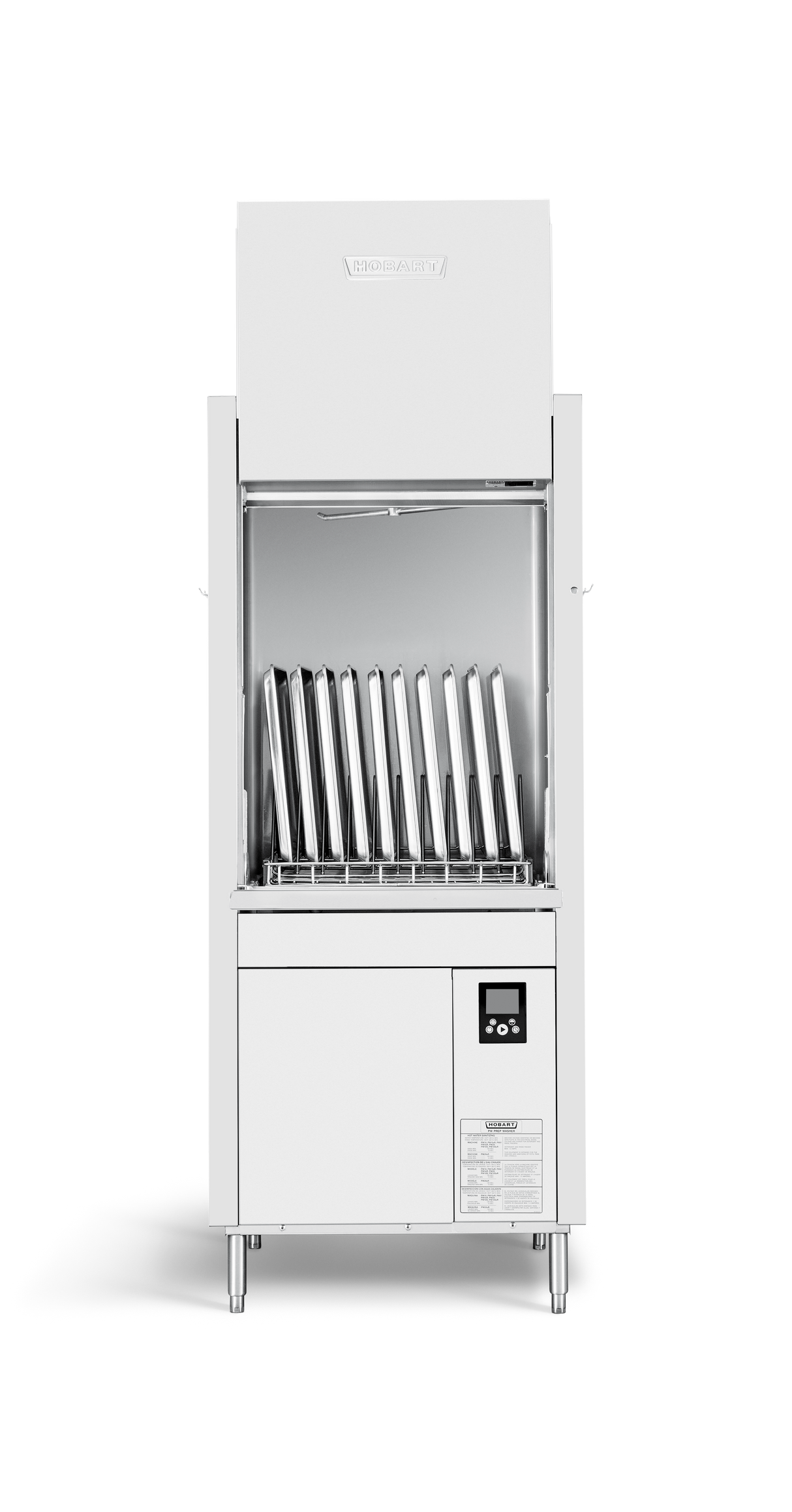 A commercial pan washer with a front-loading door is open, revealing a rack holding multiple metal trays vertically. The silver and white machine stands on four legs, featuring a digital control panel and labels on the lower front section.