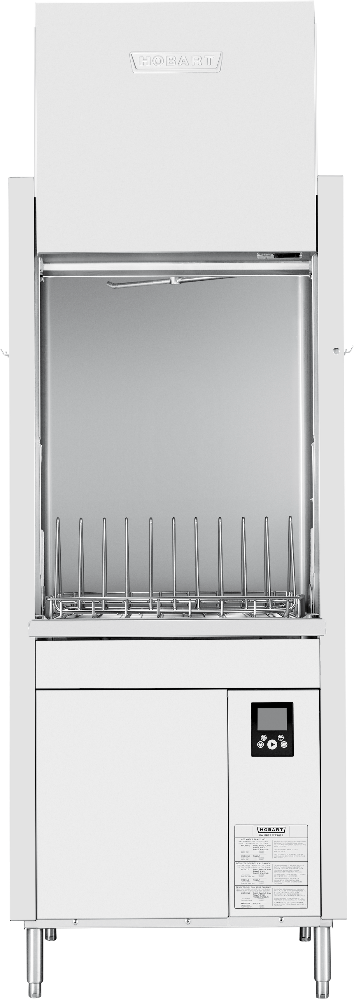 Front view of a Hobart Advansys dishwasher with an open door, visible metal rack for dishes, and a digital control panel on the lower right. This commercial pan washer features a clean, white and metallic industrial design.