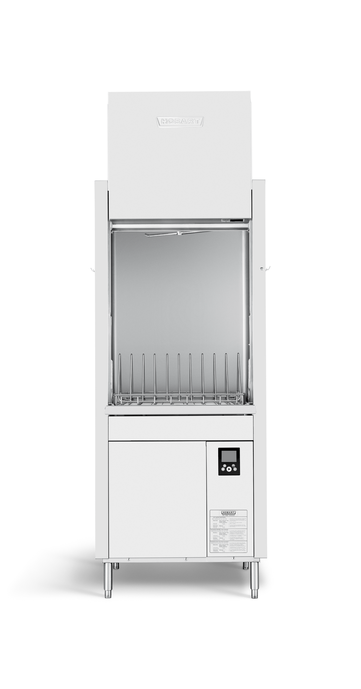 A commercial Advansys dishwasher with an open front, vertical wire rack, digital control panel at the bottom right, and four metal legs, set against a plain white background.