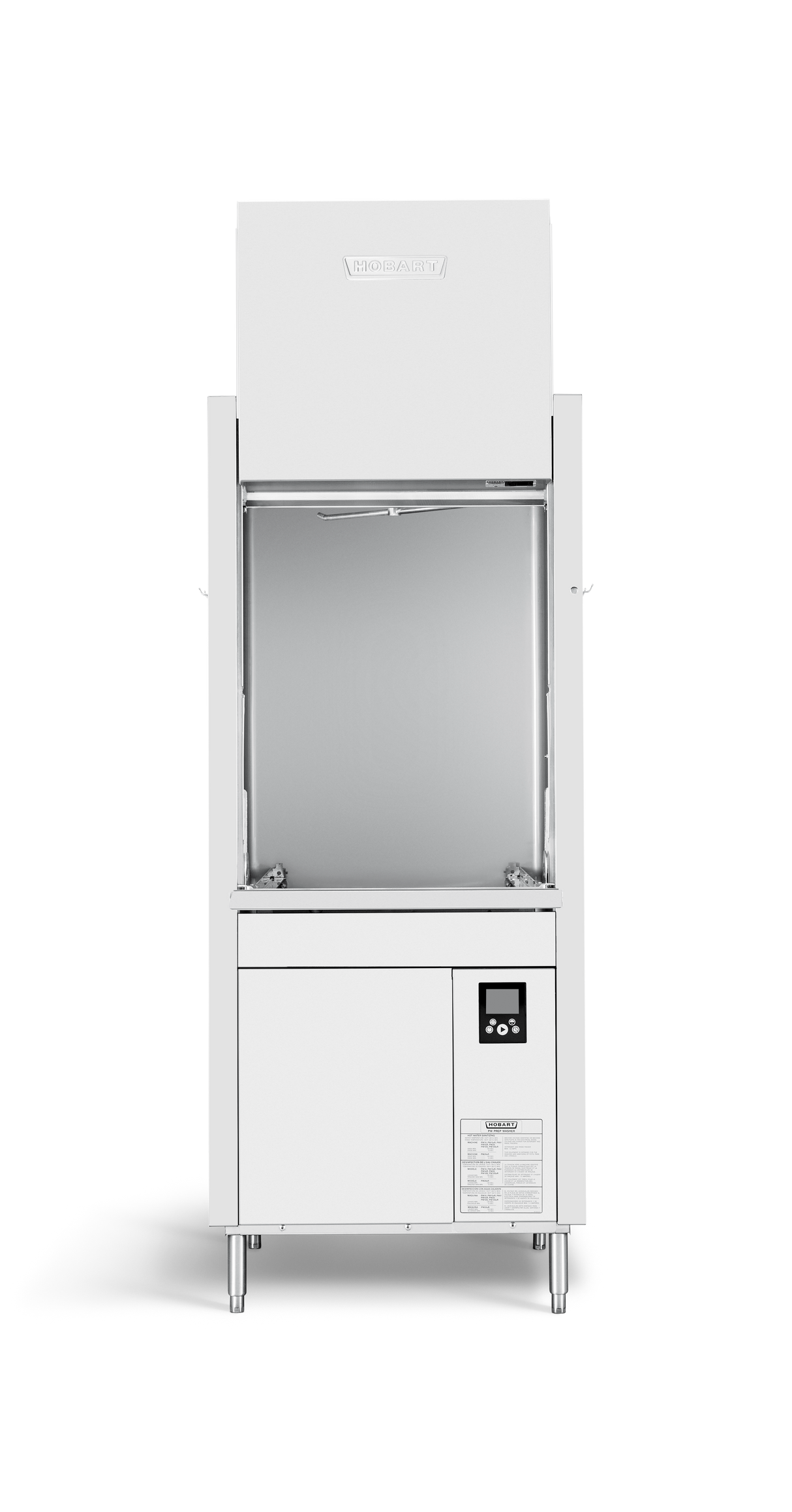 Front view of a Hobart Advansys dishwasher with an open, upward sliding door, digital control panel on the lower right, and four sturdy legs, set against a white background—ideal as a commercial pan washer in busy kitchens.
