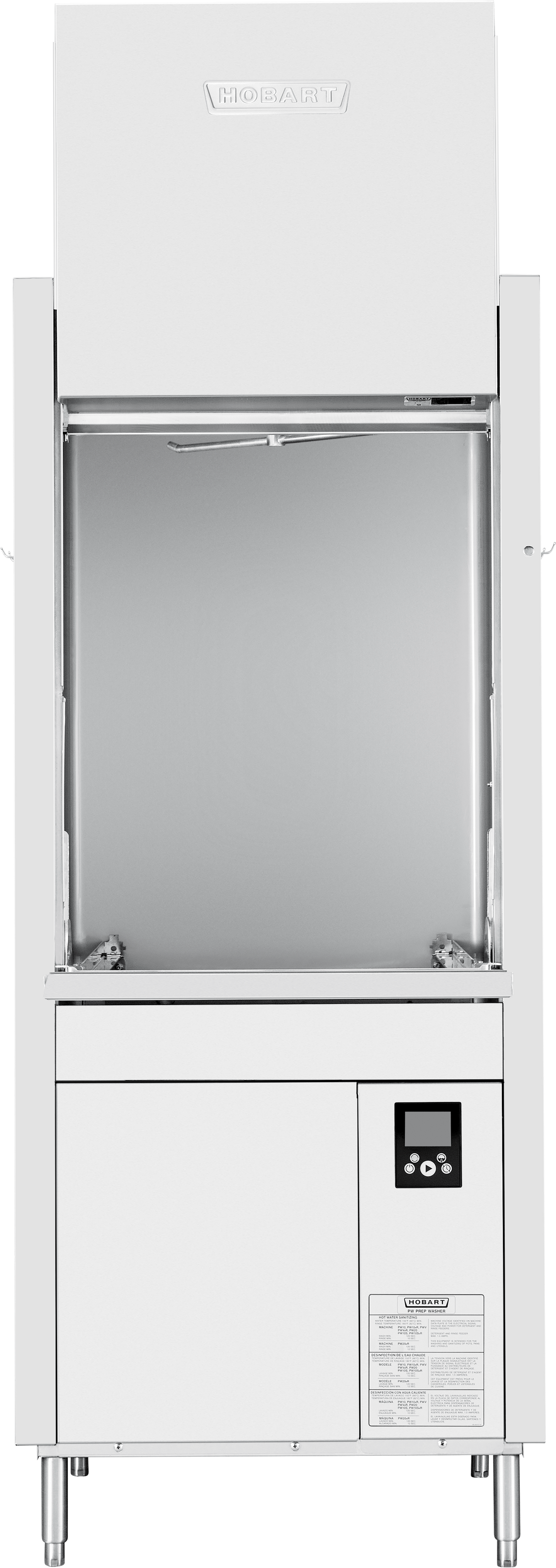 Front view of a Hobart commercial dishwasher featuring a large upward-opening door. This ventless pot/pan/utensil washer offers high temperature sanitizing, with a clear control panel, display, and an information label on the lower right.