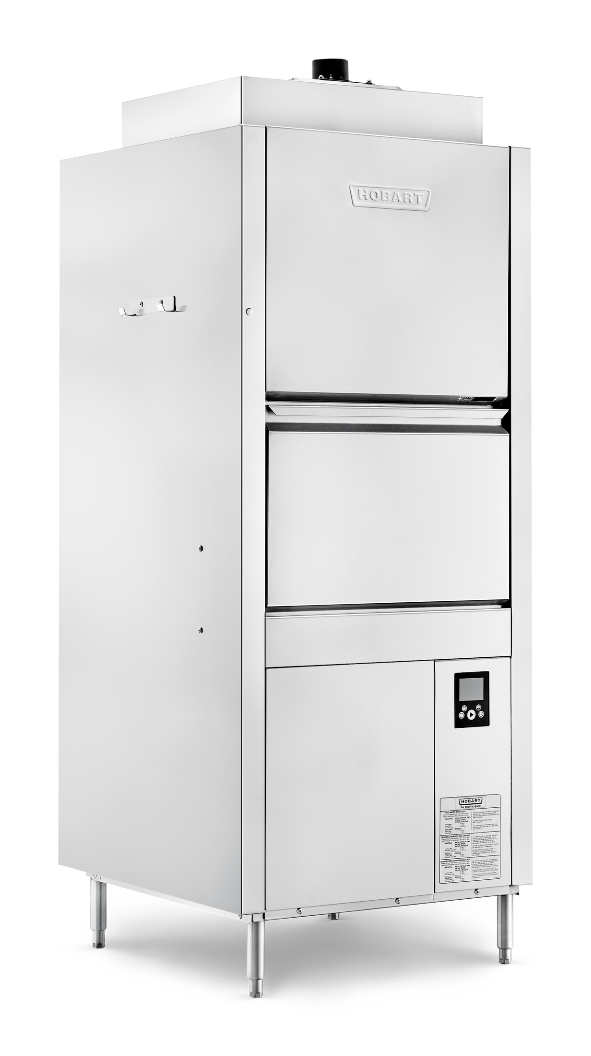 A commercial stainless steel Hobart dishwasher stands on four legs. It features a boxy design, high temperature sanitizing, a large front door with handle, and smart touchscreen controls on the bottom right. The reflective surface suits industrial kitchens perfectly.