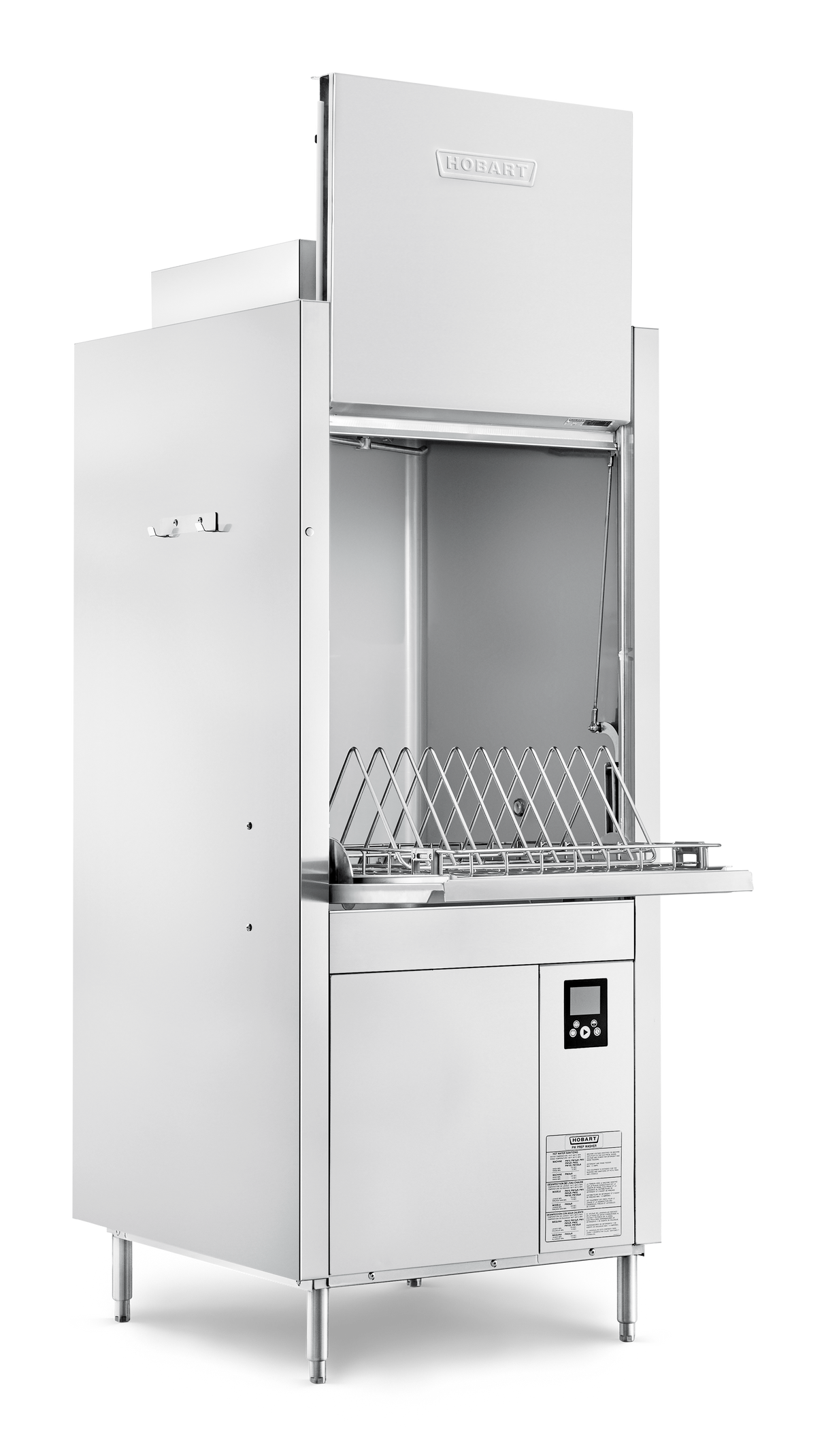 A commercial-grade, stainless steel dishwashing machine with an open front and racks inside for holding dishes. The door is raised vertically. Smart touchscreen controls and instructions are visible on the front lower section. Clean, industrial design.
