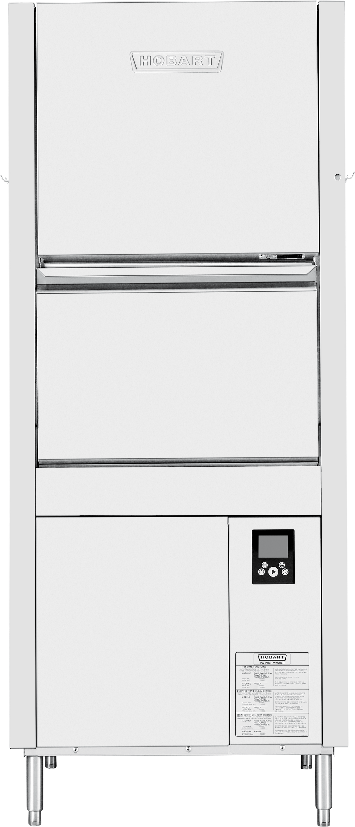 Front view of a commercial Hobart pot/pan/utensil washer with a stainless steel exterior, ENERGY STAR rating, pull-down door, digital control panel on the lower right, manufacturer labels at the bottom, and sturdy metal legs.