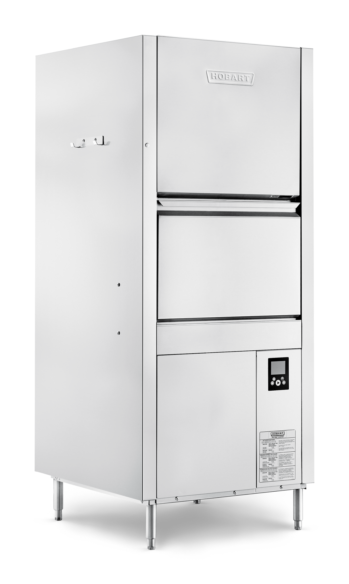 A large, industrial stainless steel pot pan washer stands on four legs. It features a front-loading door, smart touchscreen controls with a display at the lower right, and a small label with technical information below the panel. The background is plain white.