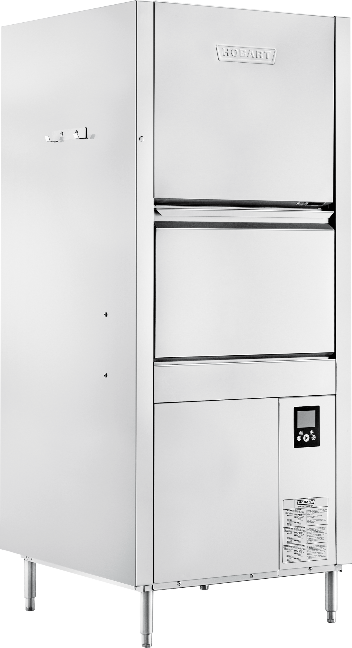 A large, stainless steel Hobart pot/pan/utensil washer with a two-door front design features a control panel with buttons and display screen on the lower right. The high temperature sanitizing unit stands on four sturdy legs, with a small hook visible on the left side.
