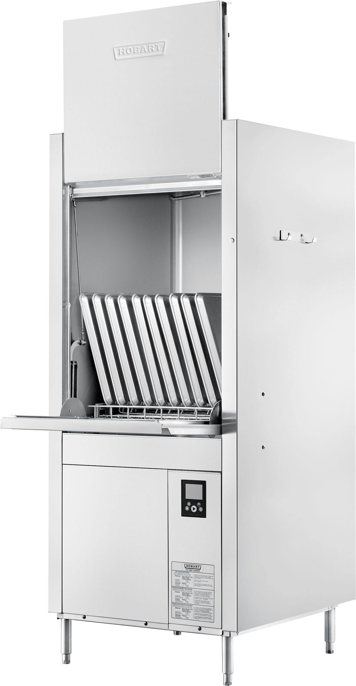 A commercial stainless steel Hobart pot pan washer with a vertical lift door is open, revealing clean trays inside. The front loading machine features smart touchscreen controls and brand label, with hooks on the right side and stands on four legs.