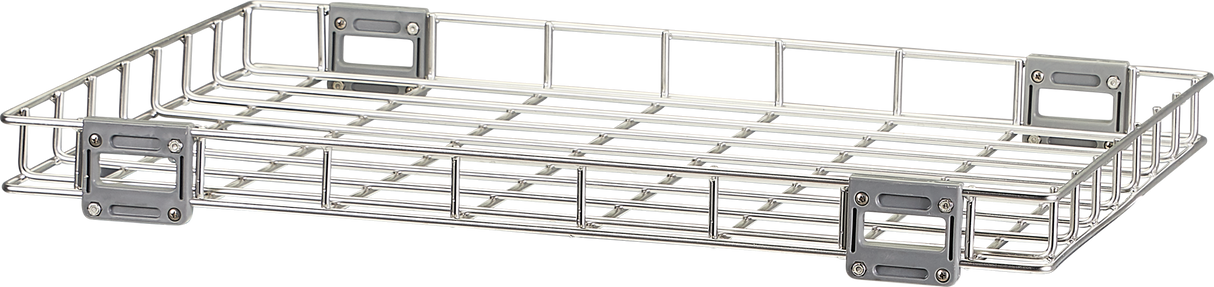 A rectangular metal wire basket with a shallow depth and sturdy grid pattern, featuring four gray plastic corner brackets—ideal for organizing items in a pot/pan/utensil washer or shelving units, and suitable for ENERGY STAR, high temperature sanitizing environments.