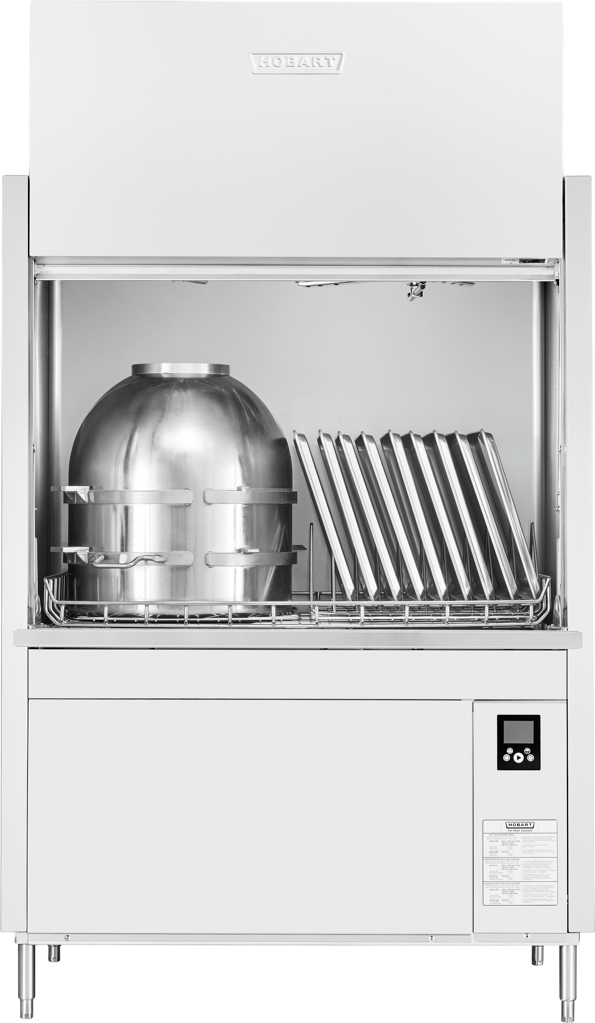 A ventless pot pan washer with high temperature sanitizing features, featuring a large stainless steel keg on the left and metal trays on the right inside the open washing chamber. The machine includes a control panel and a visible brand label on top.