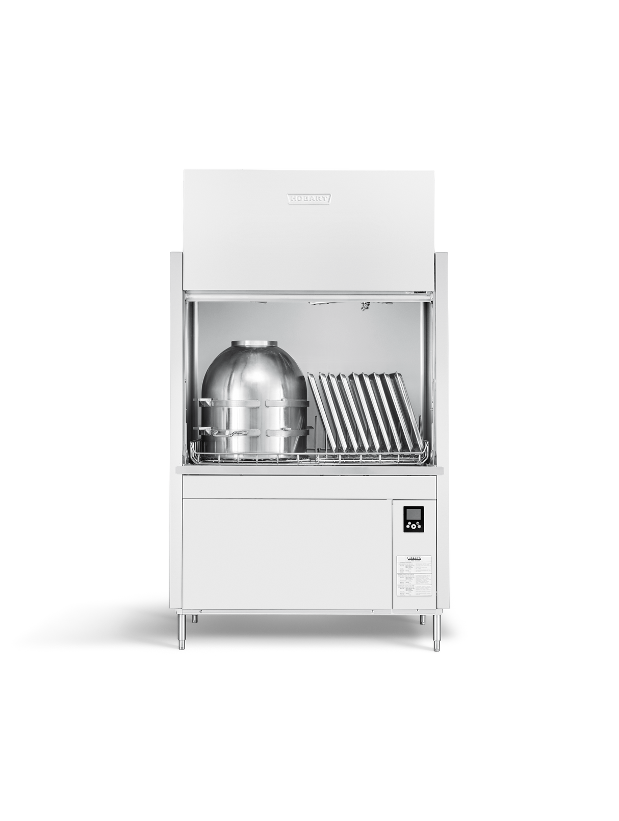 A commercial high temperature sanitizing dishwashing machine with an open front displays a large metal keg and trays inside. The white unit features stainless steel accents, a digital control panel, and stands on four legs against a plain white background.