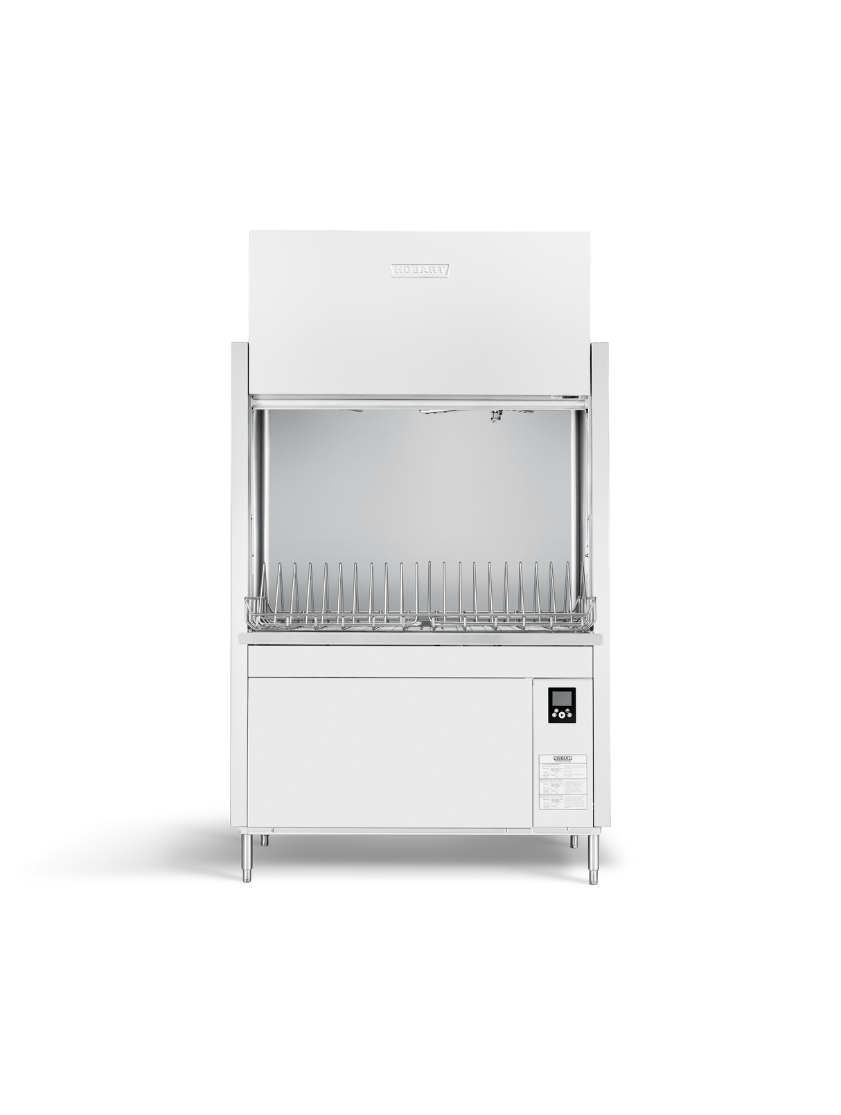 A commercial stainless steel, high temperature sanitizing dishwasher with an open front-loading door, metal dish rack inside, control panel on the bottom right, and a clean, minimal design stands on four metal legs against a plain white background.