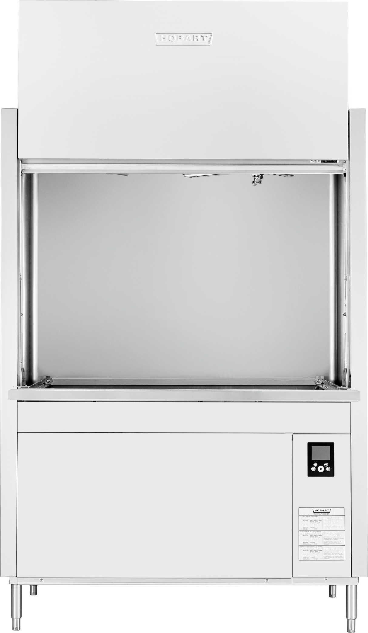 A large, industrial stainless steel dishwasher with high temperature sanitizing, an open front loading area, a digital control panel on the lower right, and a “HOBART” logo on the top panel. The machine stands on four metal legs.