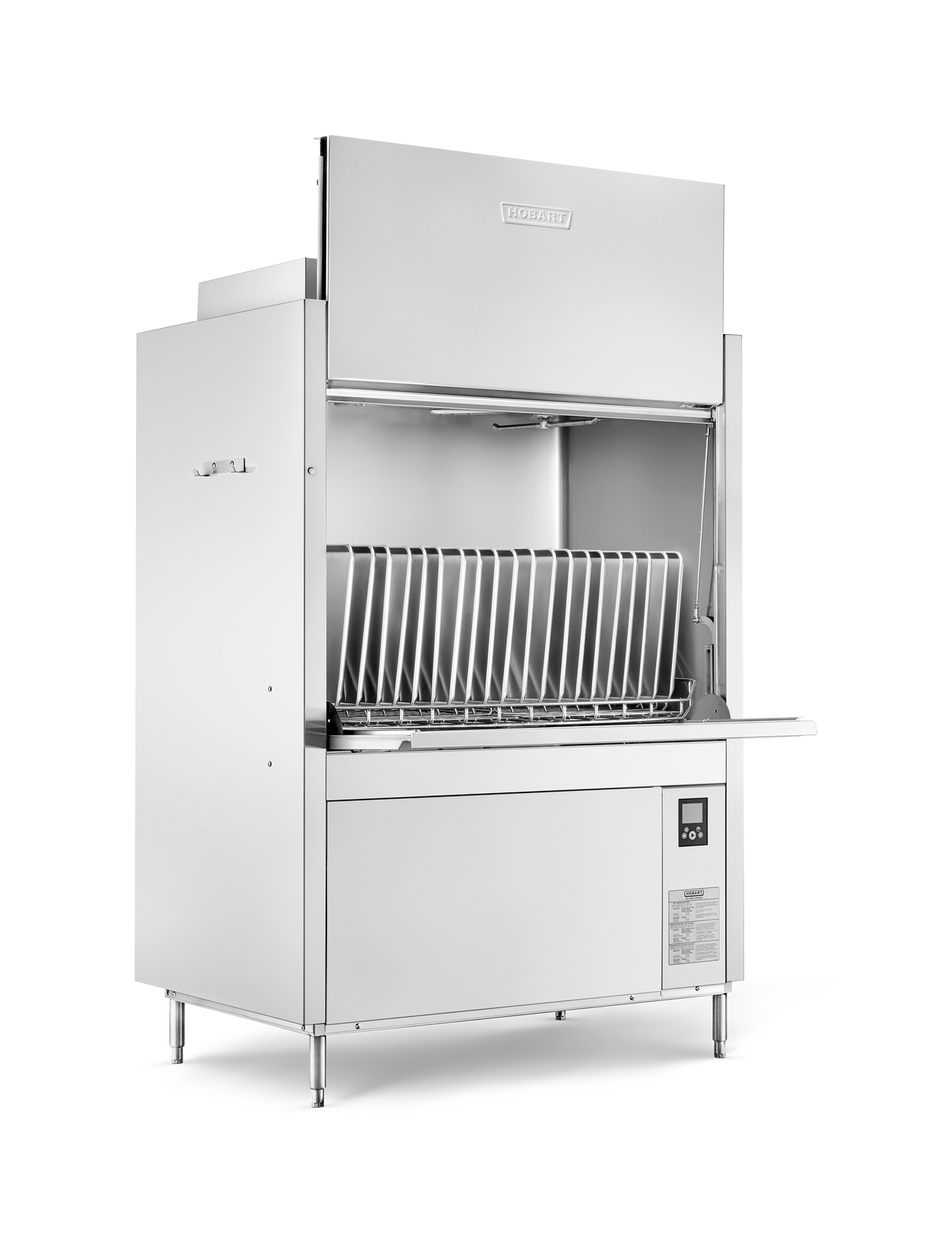 A large, industrial stainless steel ventless pot pan washer with an open front door reveals vertical racks for washing trays or large dishes. Featuring high temperature sanitizing, the control panel is on the lower right and the machine stands on four legs against a white background.