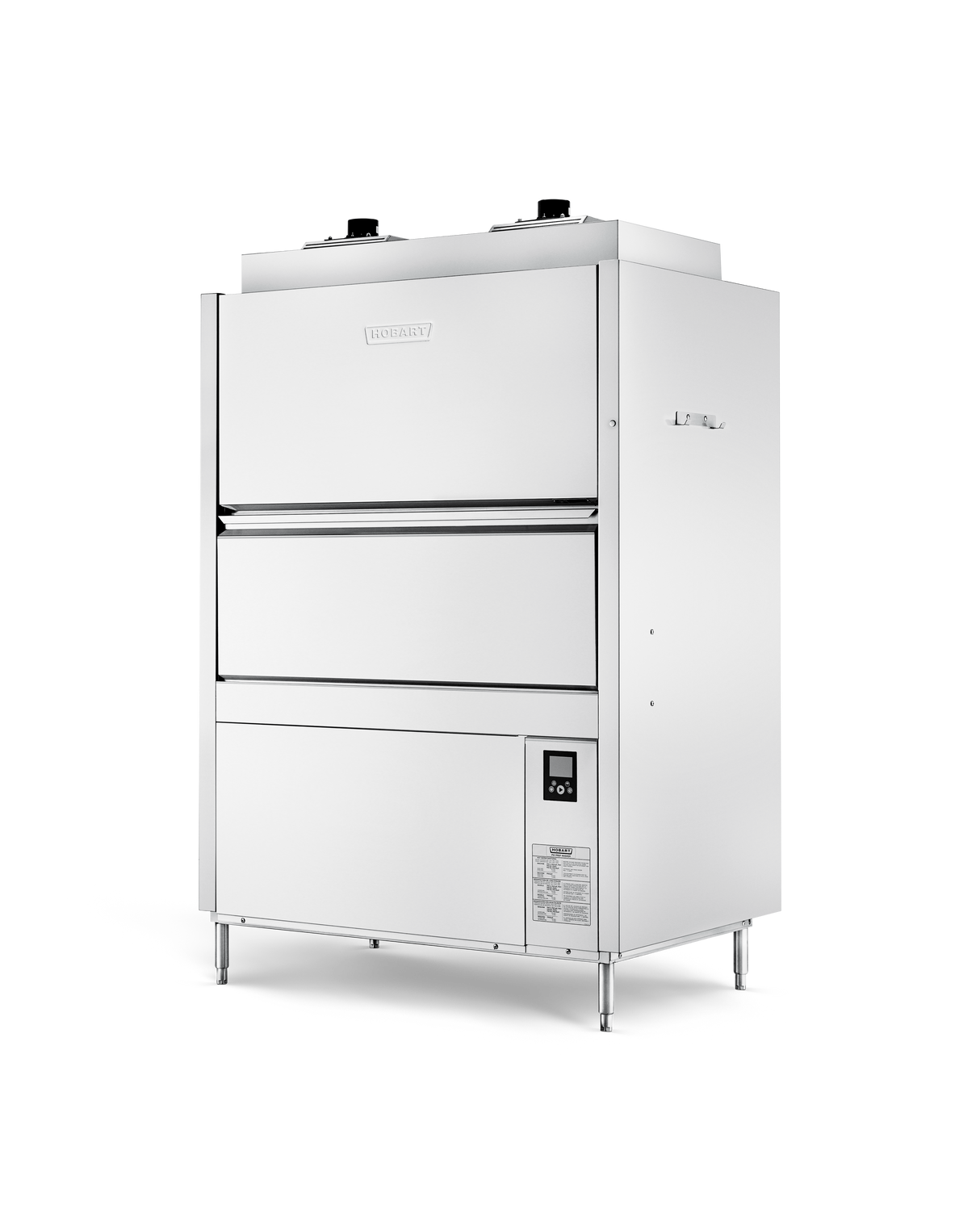 A large, industrial ventless pot pan washer made of stainless steel with a rectangular shape, standing on four metal legs. It features a front-facing handle, control panel with buttons and labels, and ventilation openings for energy recovery.