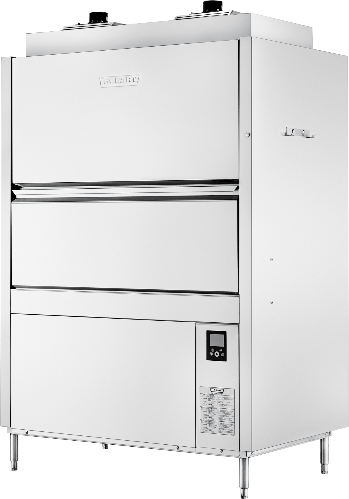 A large, industrial, stainless steel Hobart dishwasher with two horizontal doors, control panel on the lower right, and ventilation openings on top stands on four legs. This ventless pot pan washer features a shiny surface and delivers high temperature sanitizing.