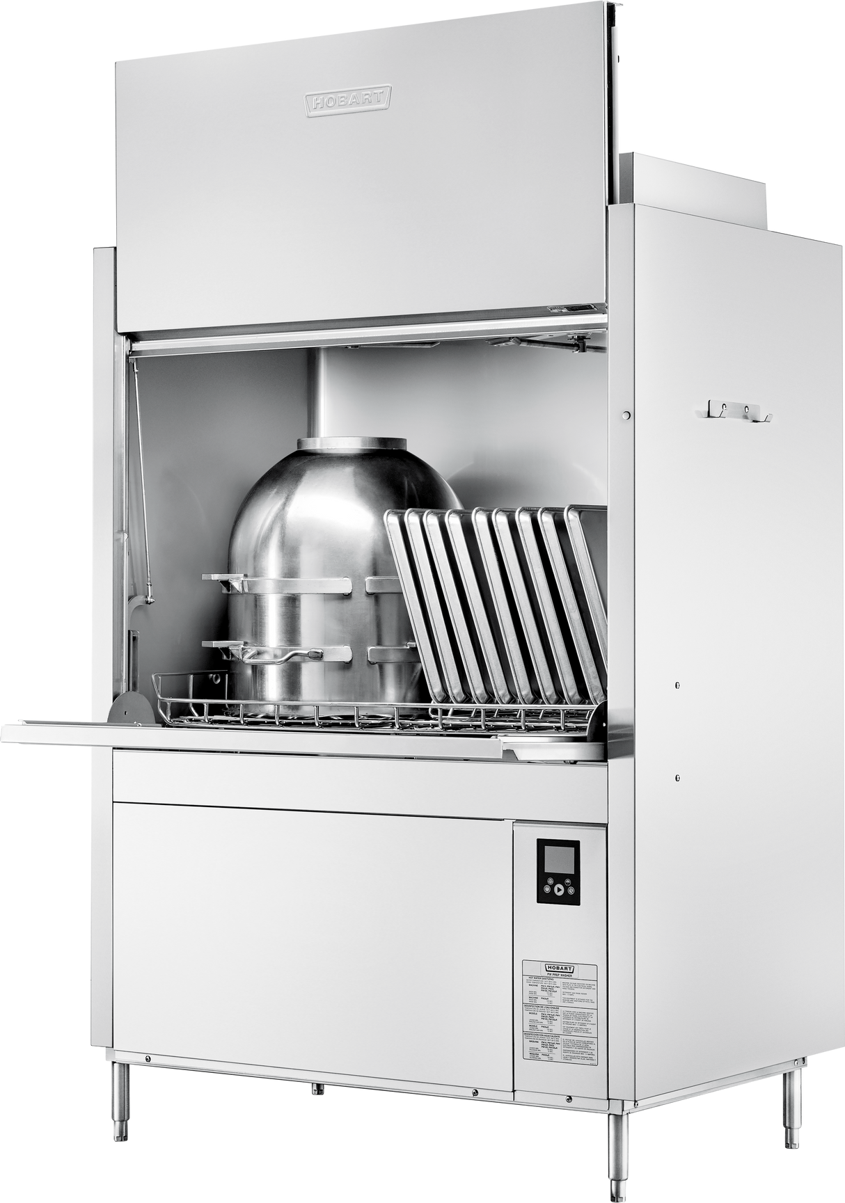 A commercial stainless steel dishwasher with the front door open reveals racks holding trays and a large dome-shaped container inside. This ventless pot pan washer features energy recovery, while the control panel sits sleekly on the lower right.