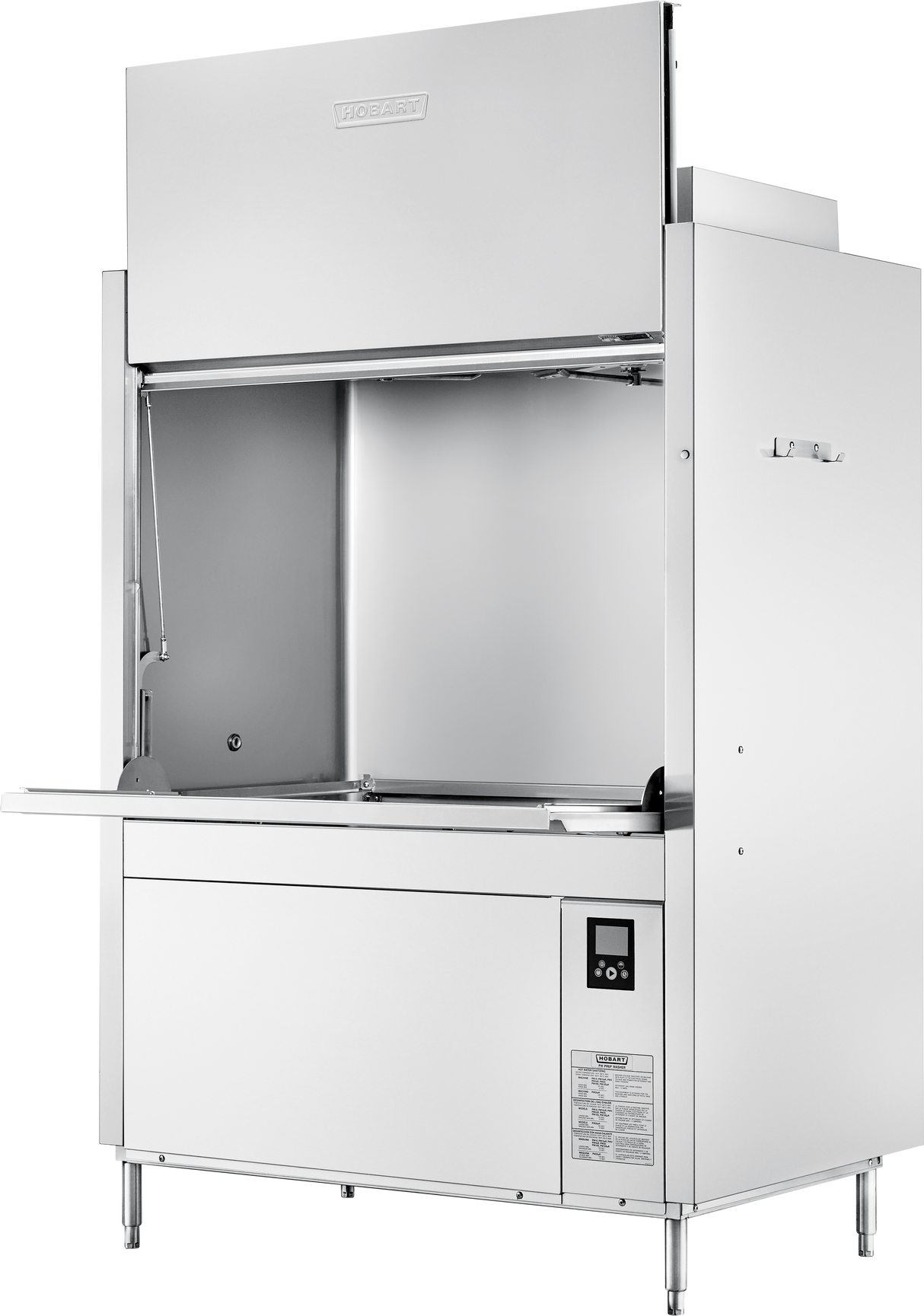 A large stainless steel commercial kitchen ventilation hood with Wi-Fi connectivity, featuring a pull-down front panel, control panel on the lower right, and a boxy shape on four legs. The reflective interior complements its modern, industrial design.