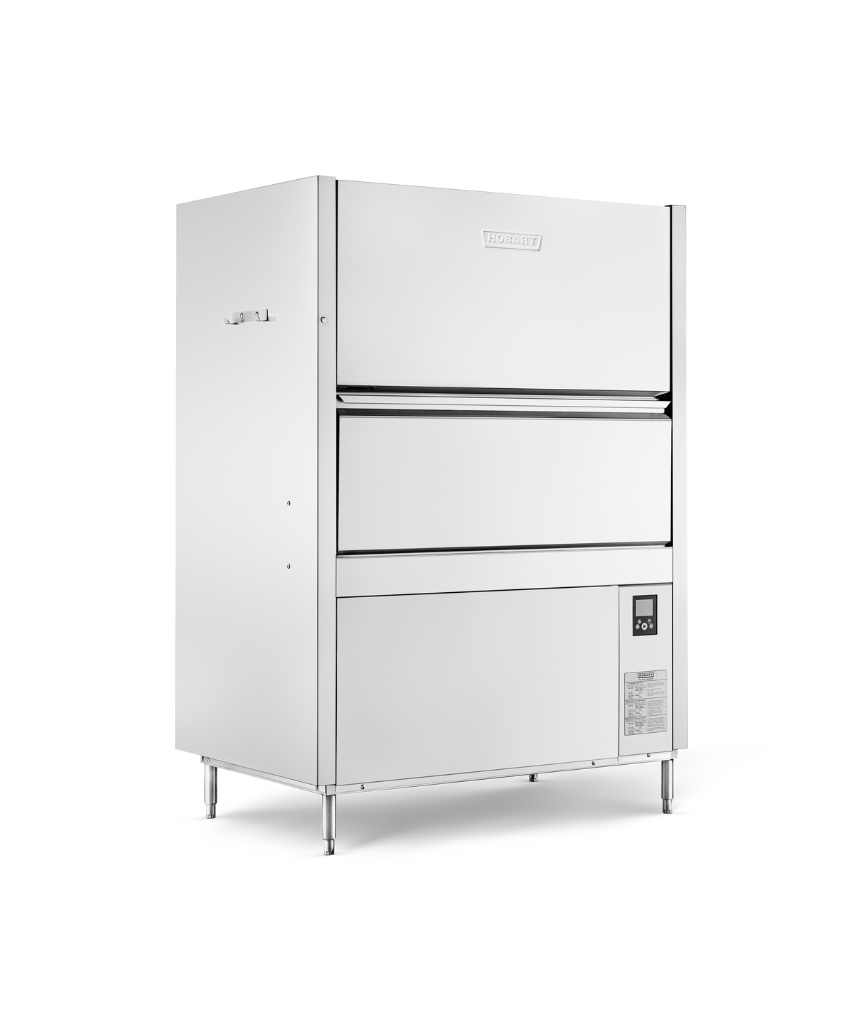 A large, industrial front loading utensil washer stands on four legs. It features a front-facing door, control panel with buttons on the lower right, and a sleek design for commercial kitchens. This model ensures high temperature sanitizing. The background is plain white.