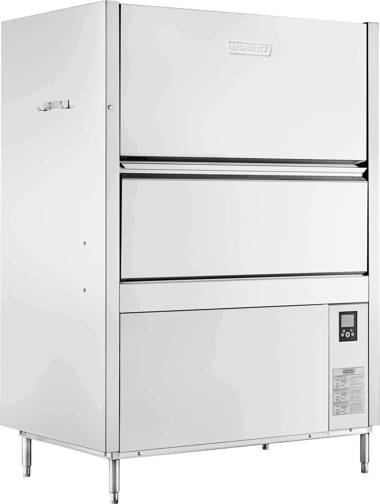 A large, industrial stainless steel Hobart pot/pan/utensil washer stands on four legs. The machine features a prominent front-loading door, high temperature sanitizing, a control panel with buttons and digital display, and a handle on the left side.