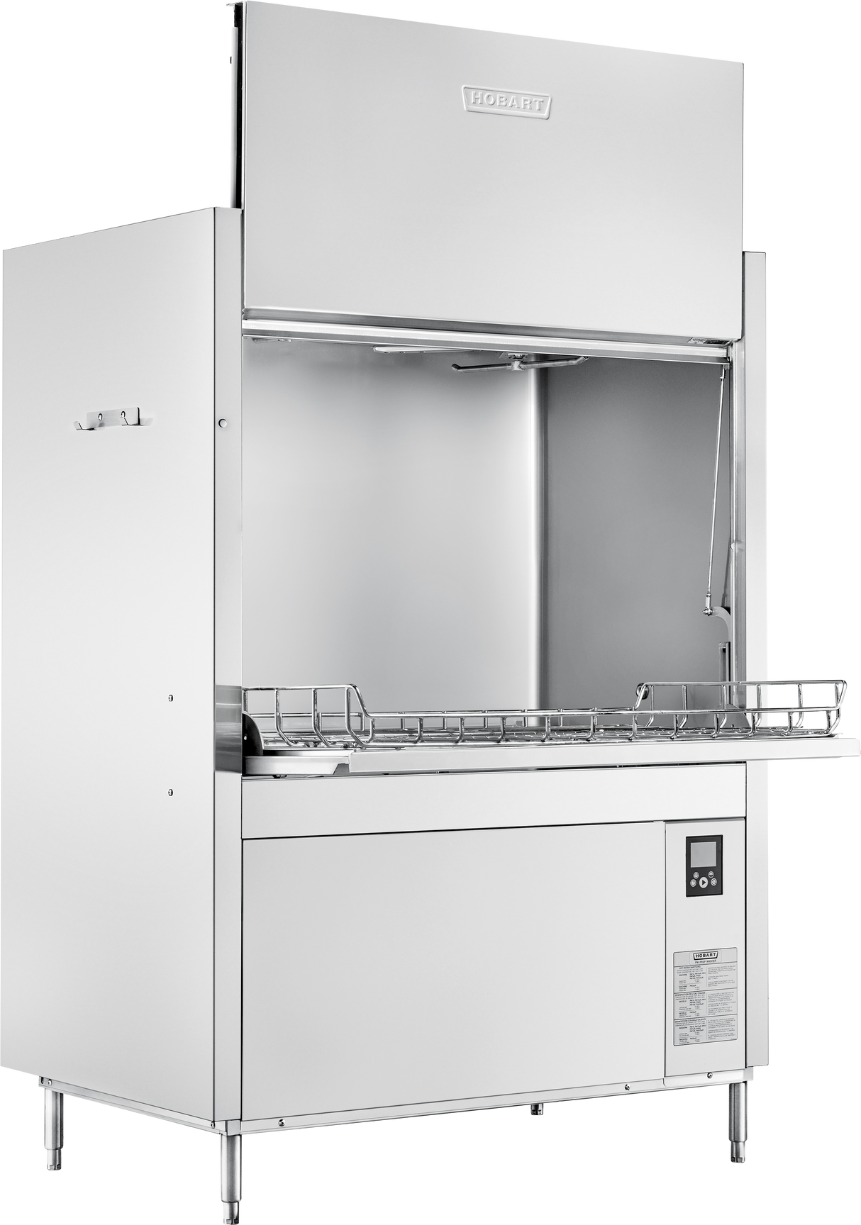 A large, industrial front loading stainless steel pot/pan/utensil washer with a partially open door reveals a metal rack inside. Its sleek exterior features minimal buttons and a small digital control panel on the lower right.