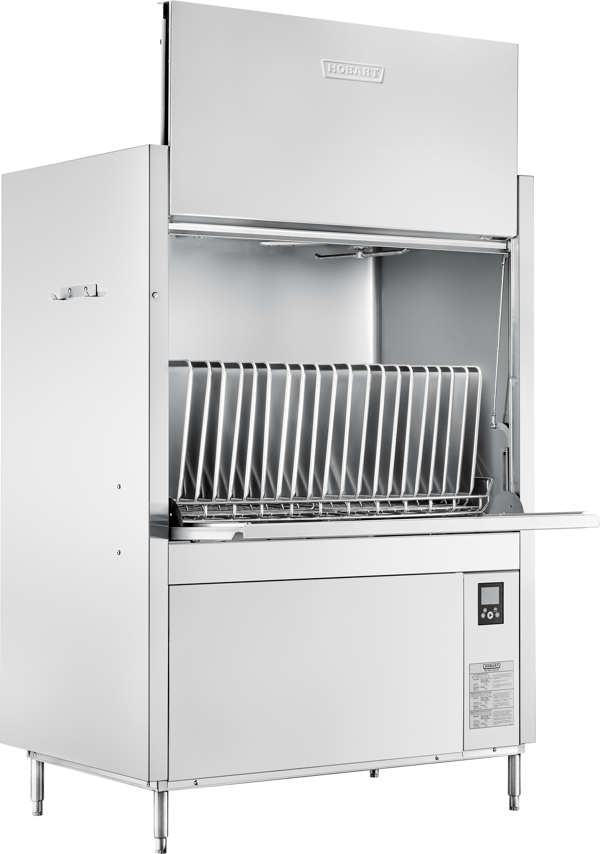 A commercial Hobart front loading dishwashing machine with a stainless steel exterior, open front panel, vertical dish rack inside, and smart touchscreen controls on the lower right side. The machine stands on four legs against a white background.