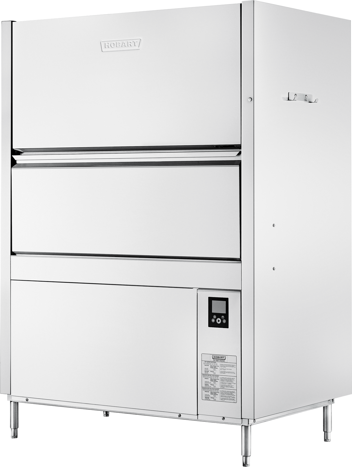 A commercial stainless steel front loading utensil washer with a boxy shape, large door, control panel with digital display on the lower right, and four metal legs. The brand “Hobart” is visible at the top center of this high temperature sanitizing unit.