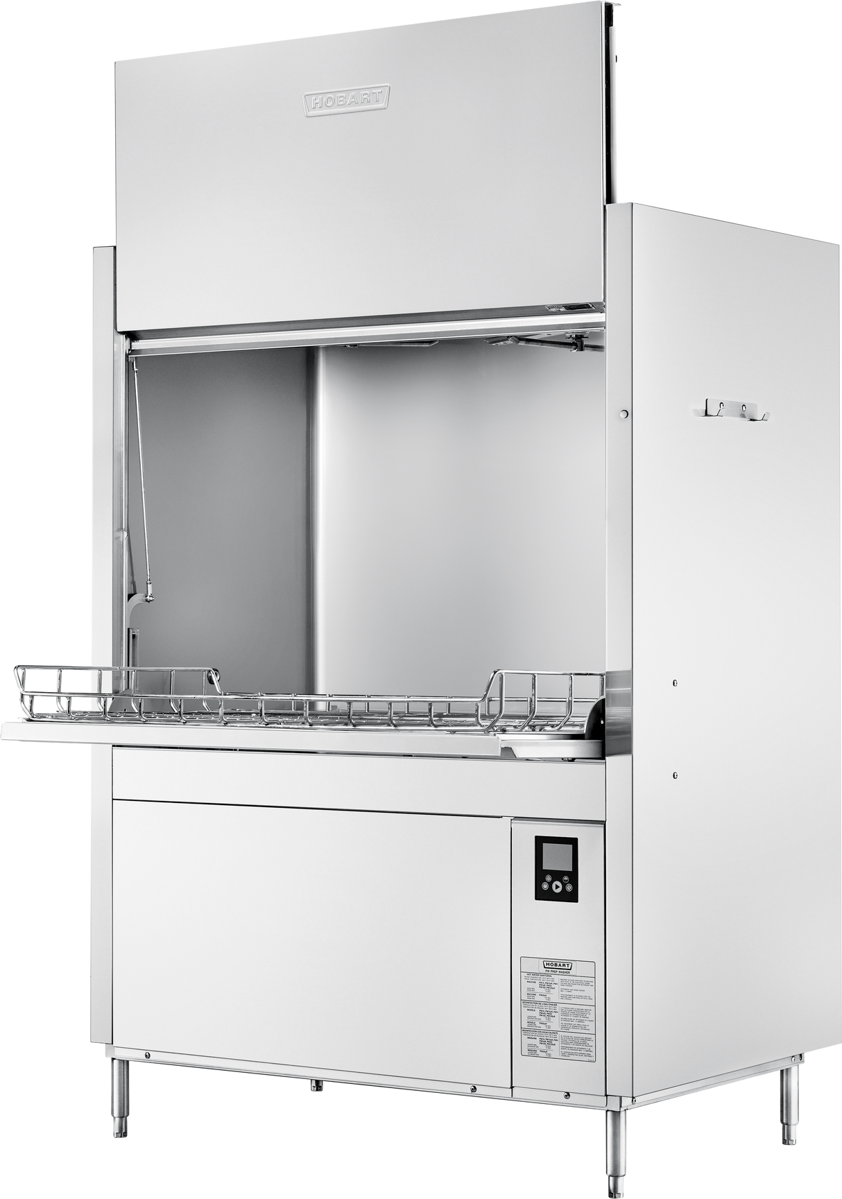 A large, stainless steel front loading utensil washer with an open door, visible wire racks for dishes, high temperature sanitizing feature, control panel, and instruction label on the lower right. The appliance stands on four legs with a sleek, industrial design.